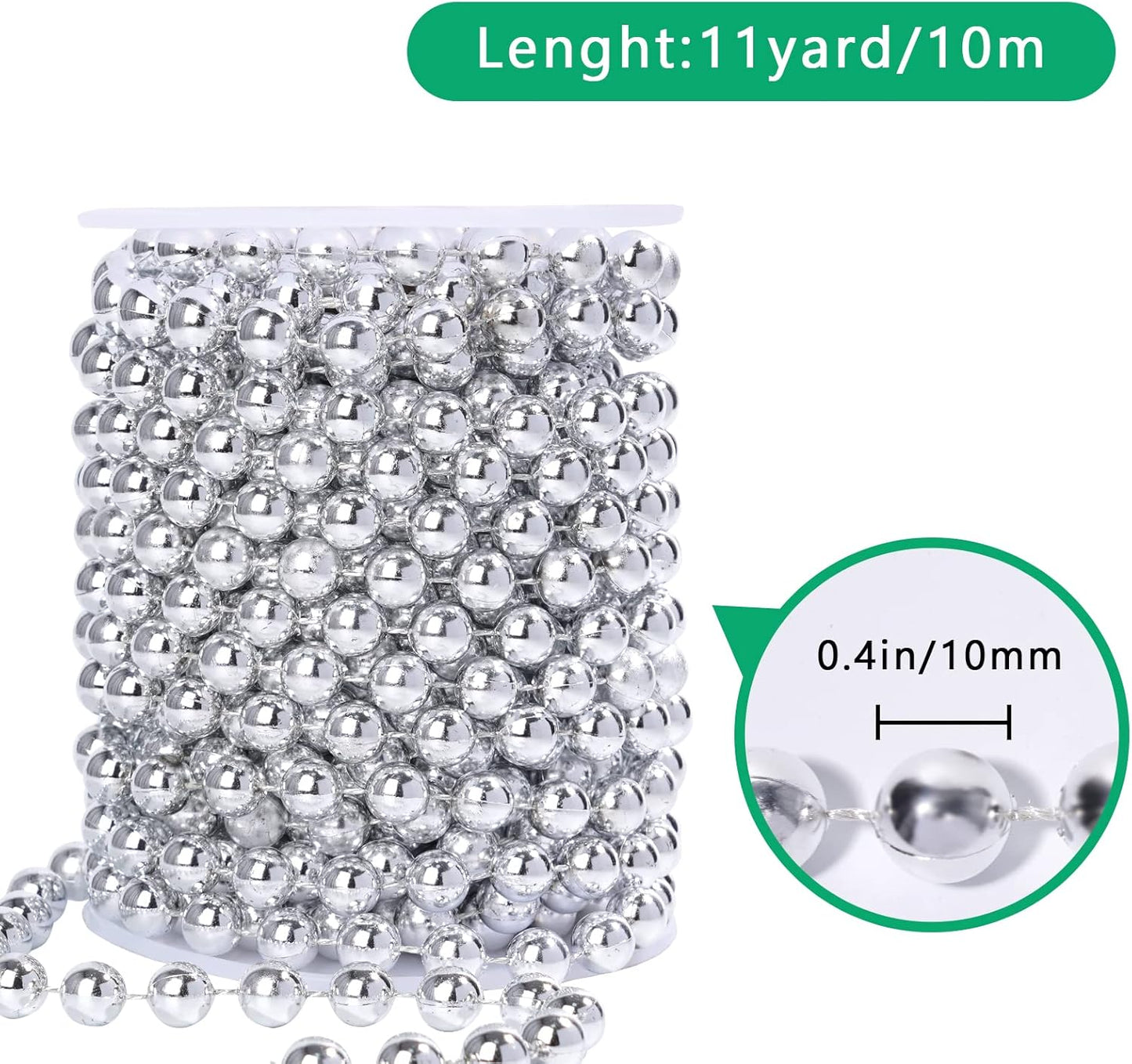 Faux Silver Pearl Beads Garland - 10mm Christmas Tree Beads 11 Yards Silver Pearl Strands Spool Pearl String Bead Roll for Wedding Party Christmas Tree Decoration(10mm 11Yards, Silver)