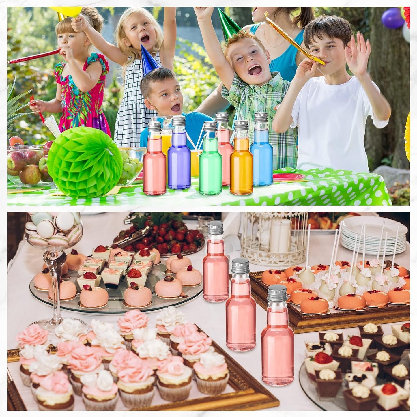 120 Pcs Mini Liquor Bottles Airtight Shot Miniature Empty Plastic Alcohol Spirit Shot Bottles with Funnels for Party Favors, Weddings(2 oz,Silver)