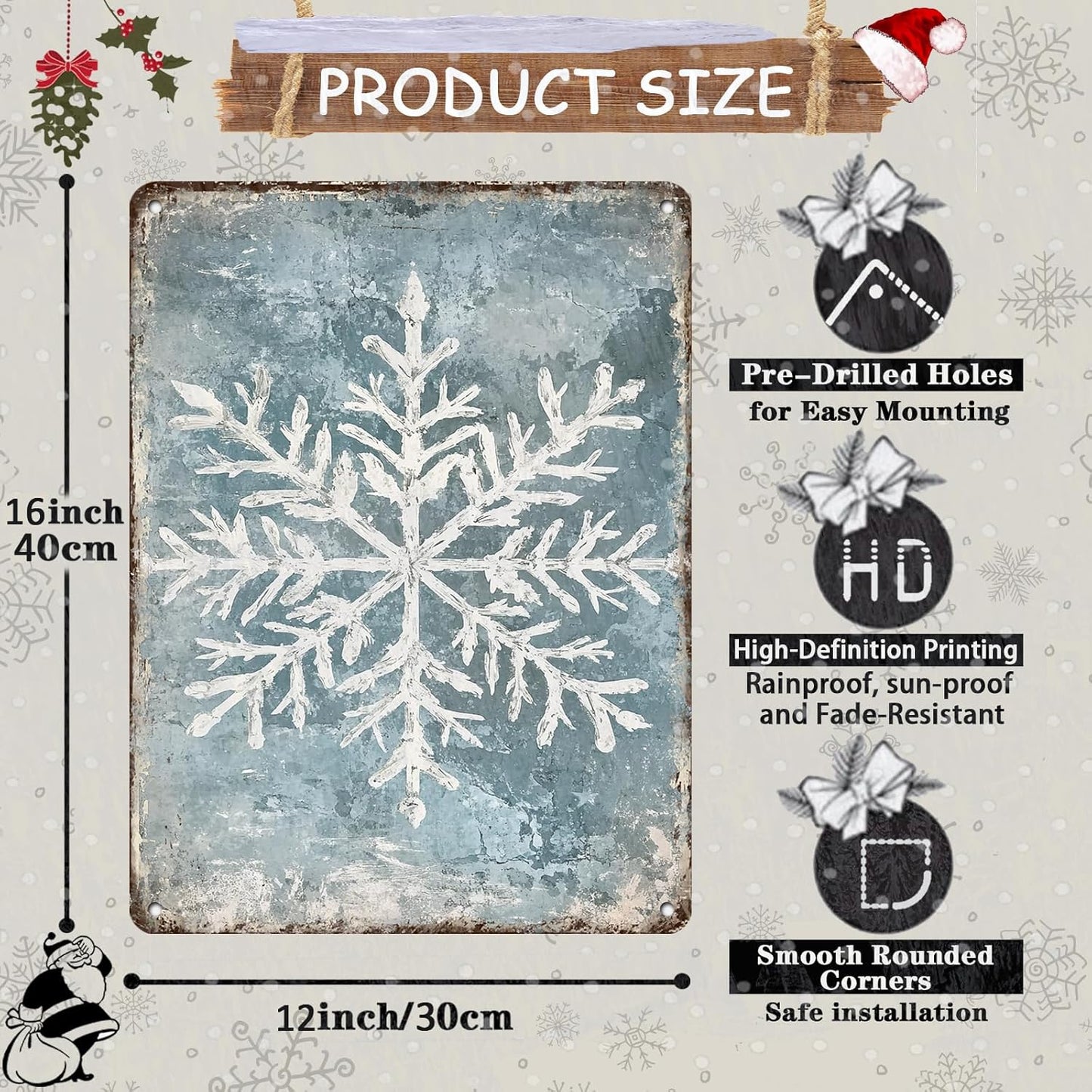 Vintage Christmas Tin Sign - Winter Snowflakes Metal Tin Sign - Wall Decor Sign for Outdoor Snowflake Christmas Decoration - 12x16Inch
