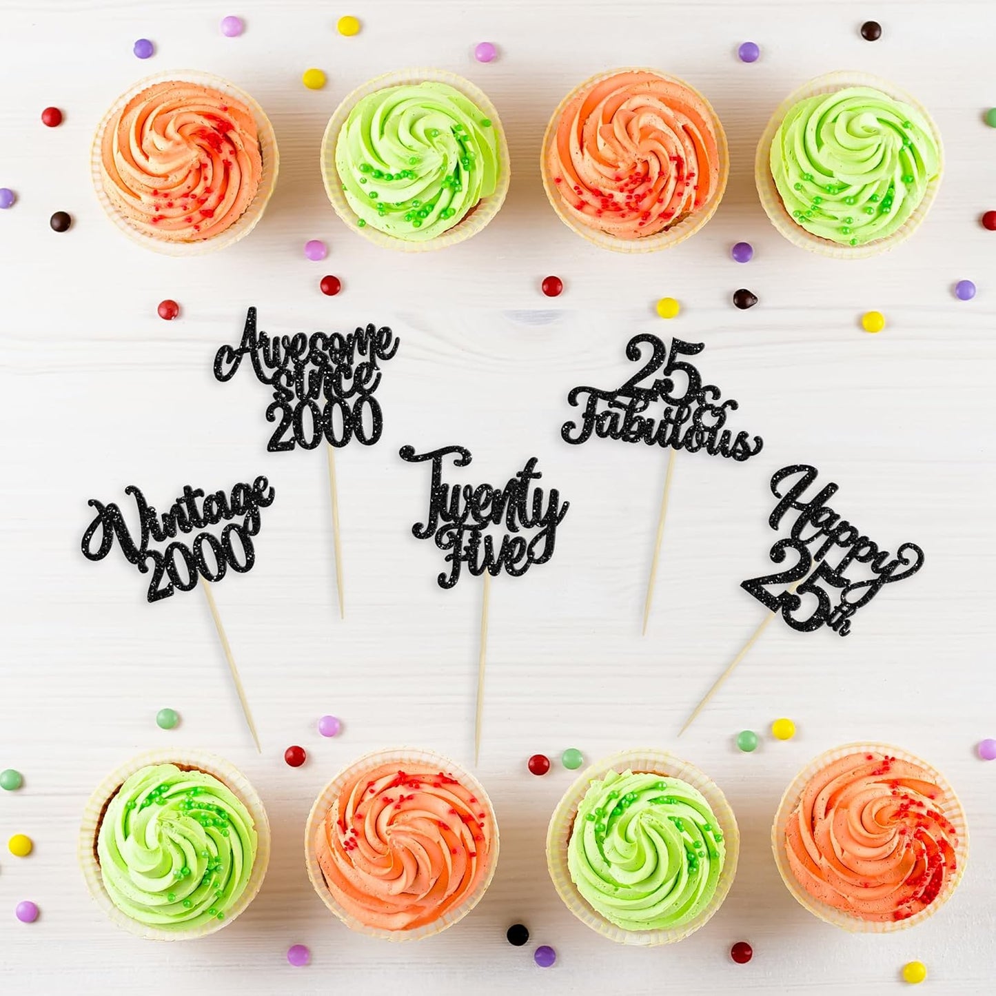 30Pcs Happy 25th Birthday Cupcake Toppers Glitter Awesome Since 2000 Twenty-Five 25 Fabulous Vintage 2000 Cupcake Picks for 25th Birthday Anniversary Retirement Party Cake Decorations Supplies Black