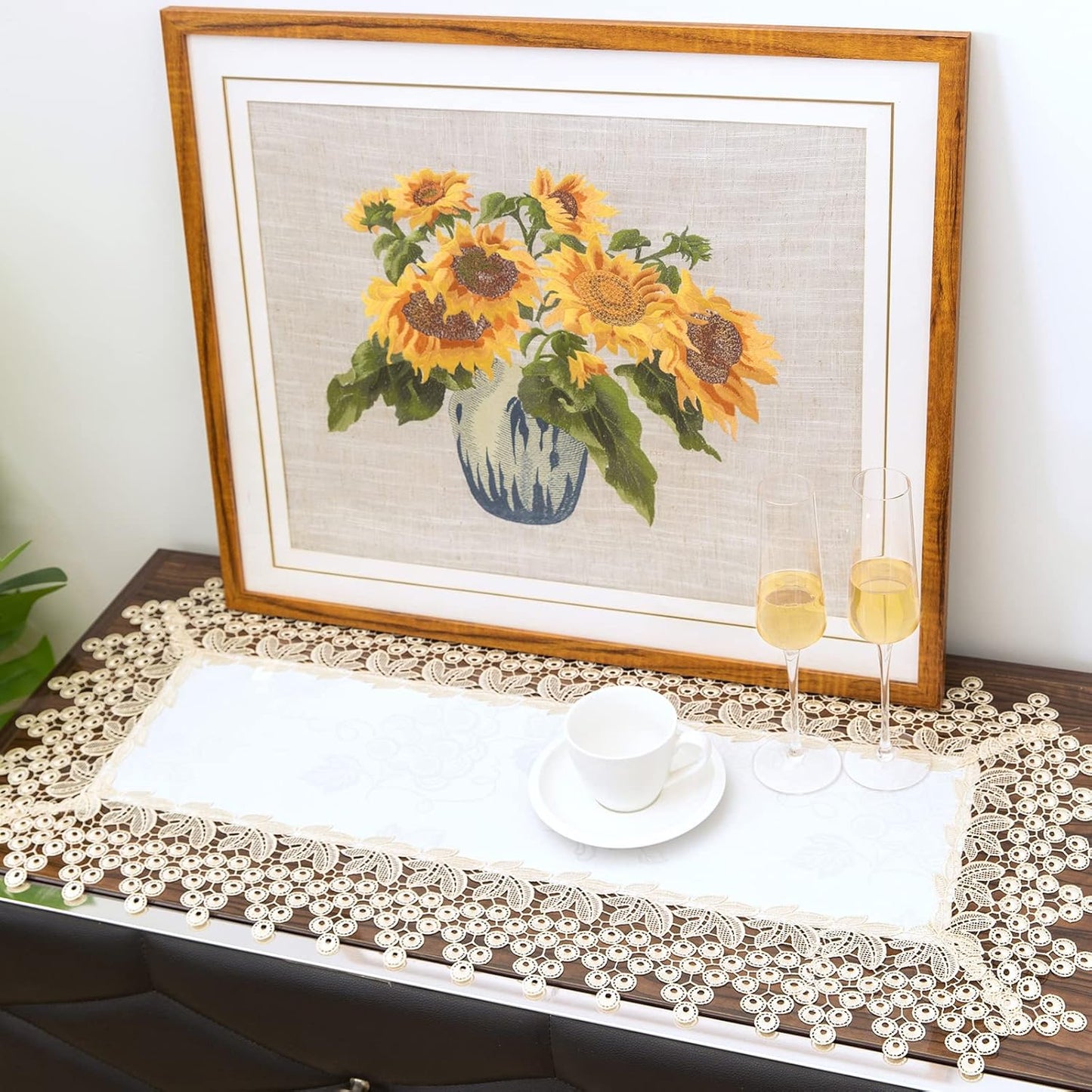 Beige lace Premium Rectangle Farmhouse Tablerunner Waterproof OilProof SpillProof AntiShrink Soft Wrinkle Resistant Decorative Fabric Table Cover Kitchen Dinning Party Wedding banque