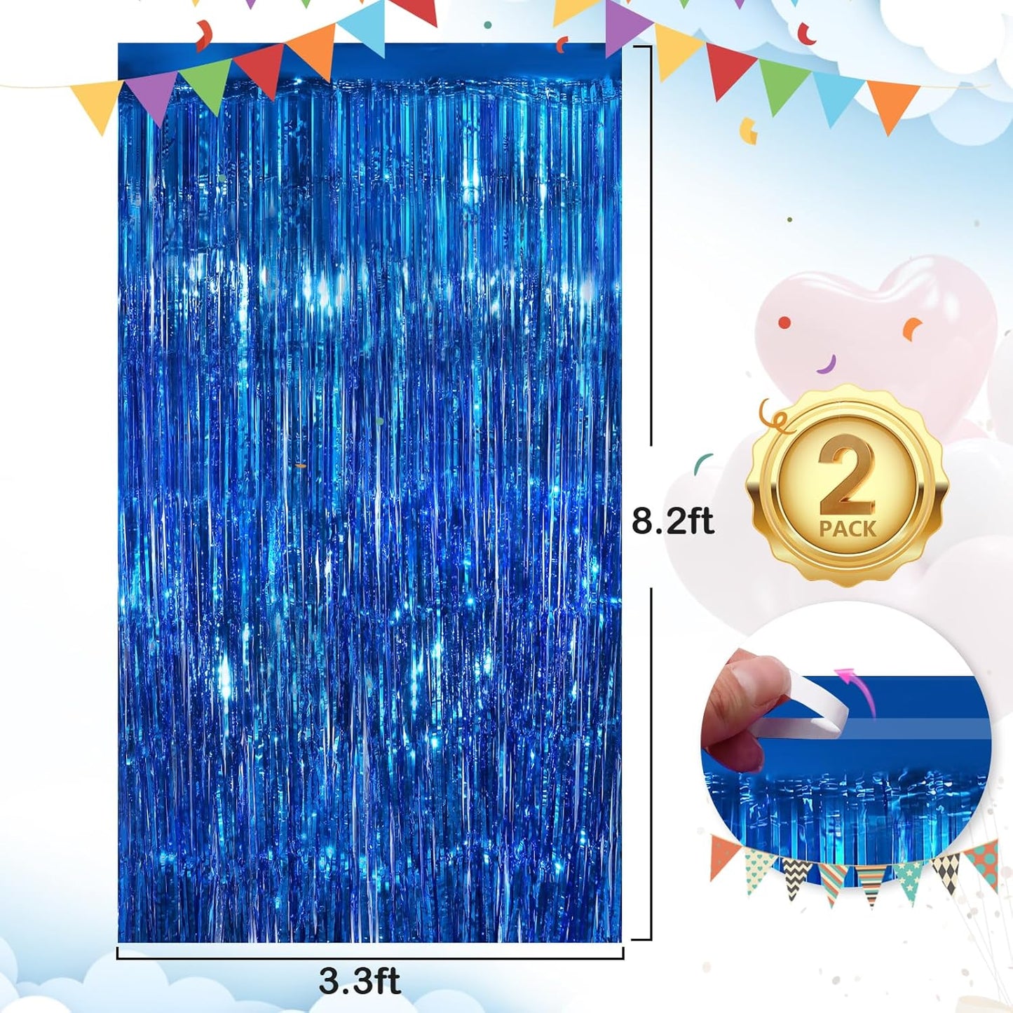Blue Fringe Curtain Party Streamers 2Pack 3.3 x 8.3 Ft Foil Fringe Backdrop Curtains for Birthday Wedding Bridal Baby Shower Holiday Tinsel Streamers Blue Christmas Party Decorations Door Streamer