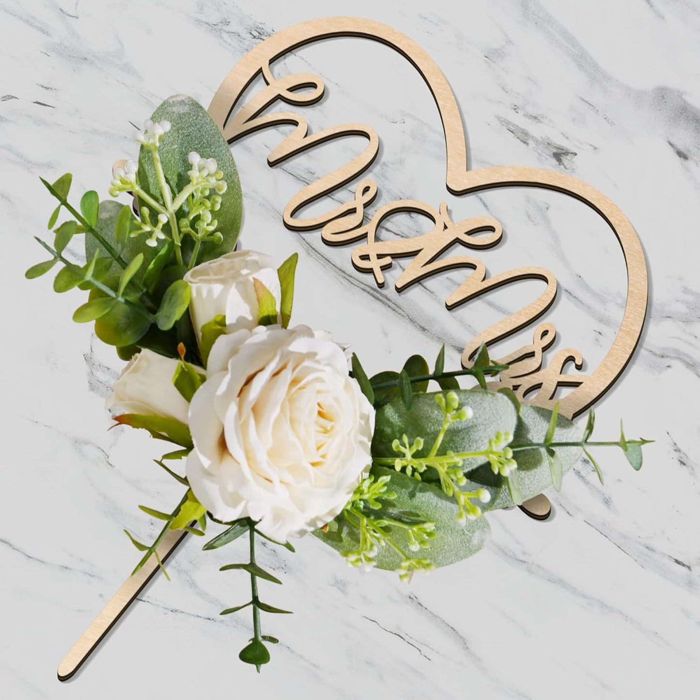 Mr & Mrs Wedding Cake Topper in Wood Heart Cake Topper with Flowers and Leaves