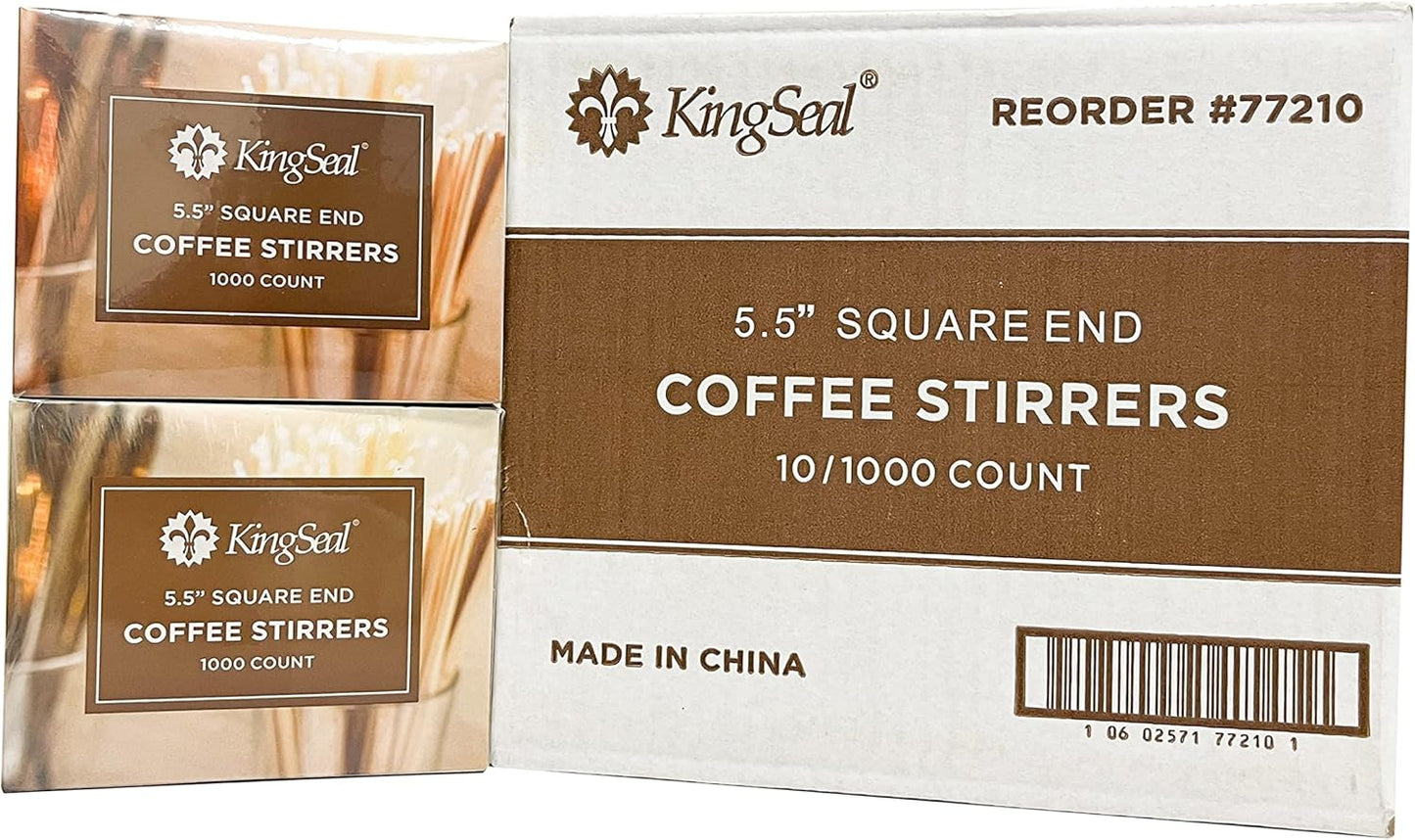 2000 Count | KingSeal Natural Birch Wood Coffee Stirrers, Stir Sticks, 5.5 Inch, Square End, Earth-Friendly, Biodegradable - 2 Boxes x 1000 Stirrers