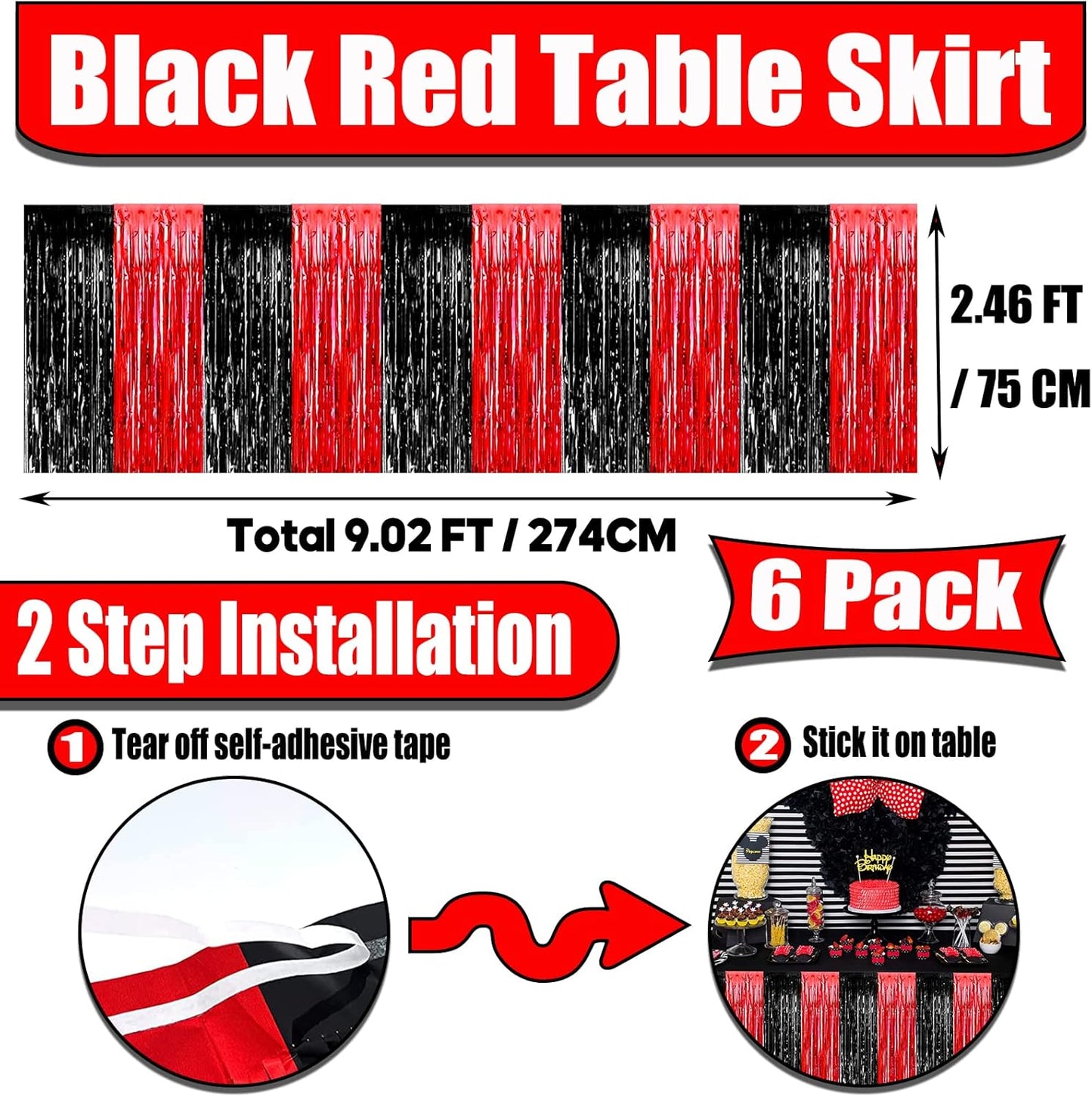6 Pack 29x108 Inch Black Red Metallic Foil Fringe Tinsel Table Skirts for Rectangle Tables Streamer Curtains Backdrop for Wedding, Casino Viva Las Vegas Game Night Birthday Party Decoration