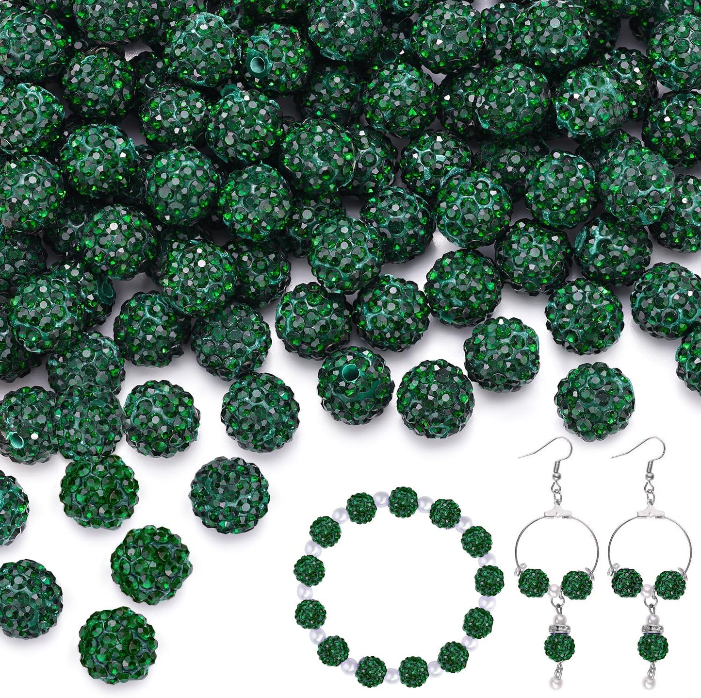 150 pcs 10mm Rhinestone Beads for Jewelry Making, Dark Green Shiny Round Shamballa Disco Beads Bulk, Sparkle Crystal Clay Christmas for Bracelet Baseball Necklace Earring Crafting and DIY