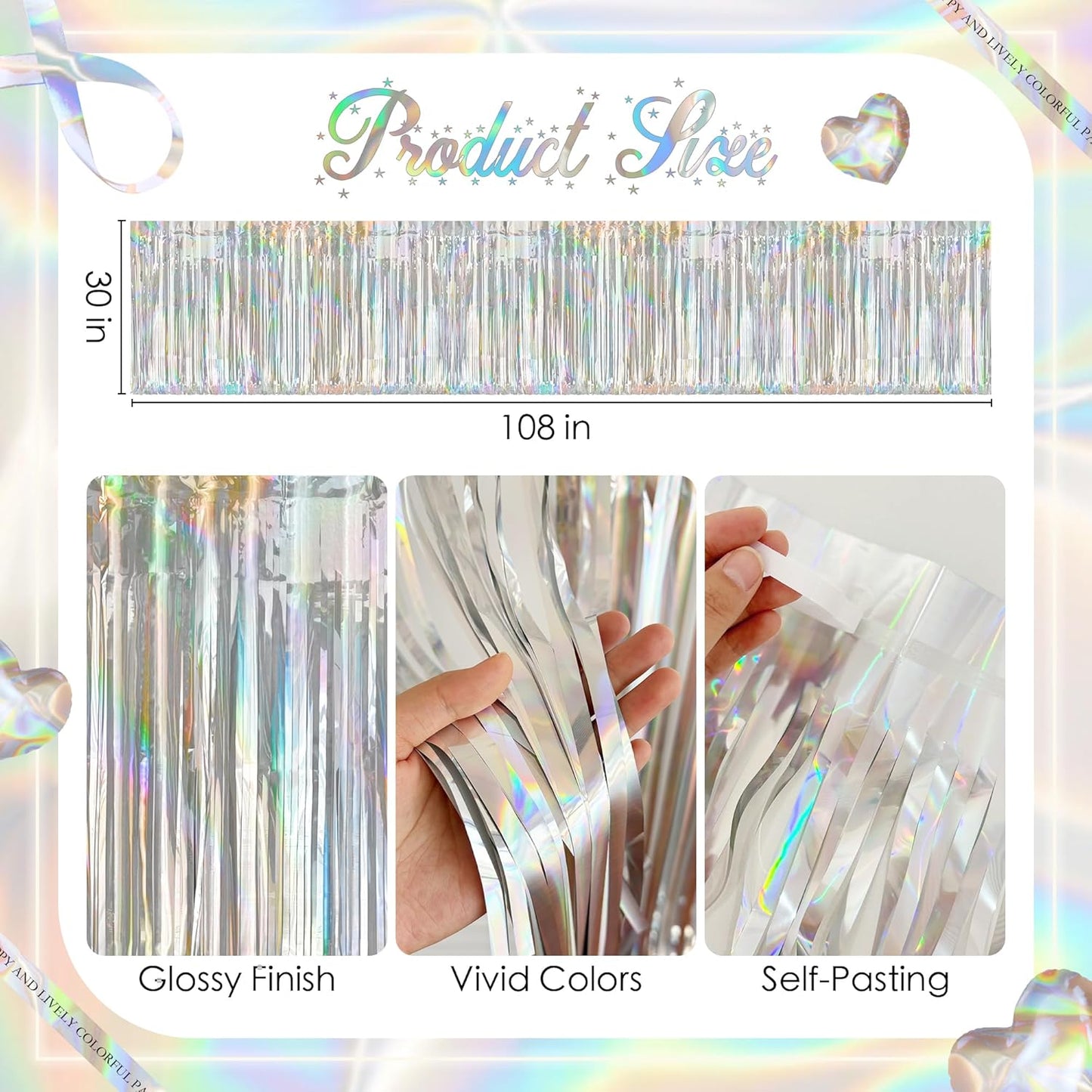 2 Pack Laser Silver Table Skirts, 29x108" Metallic Foil Tinsel Fringe Table Skirts for Rectangle Tables Streamer Curtains Backdrop, Party Decorations for Birthdays Weddings Holidays