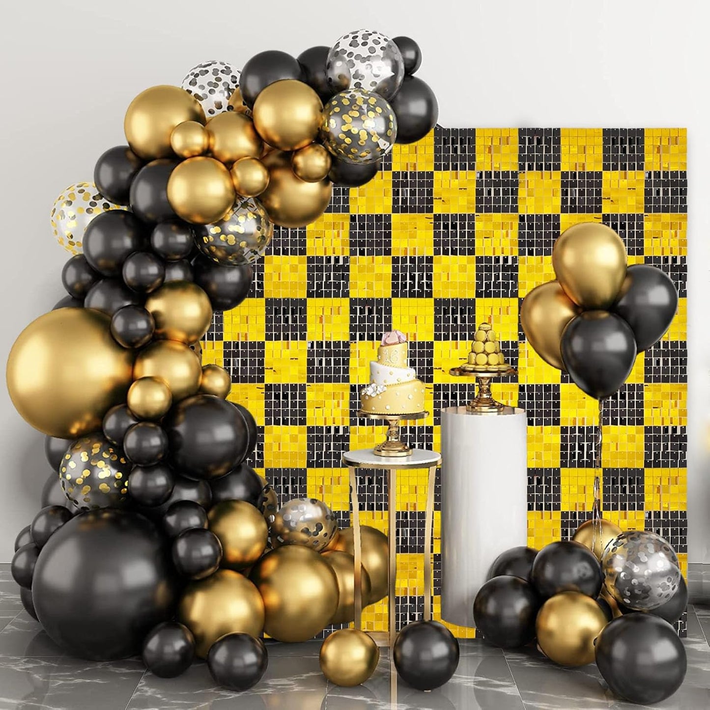 24PCS Black Gold Shimmer Wall Backdrop, Square Sequin Photo Backdrops Panel, Glitter Wall Background for Birthdays, Weddings, Christmas, Engagements, New Years Party Decor (4FTx6FT)