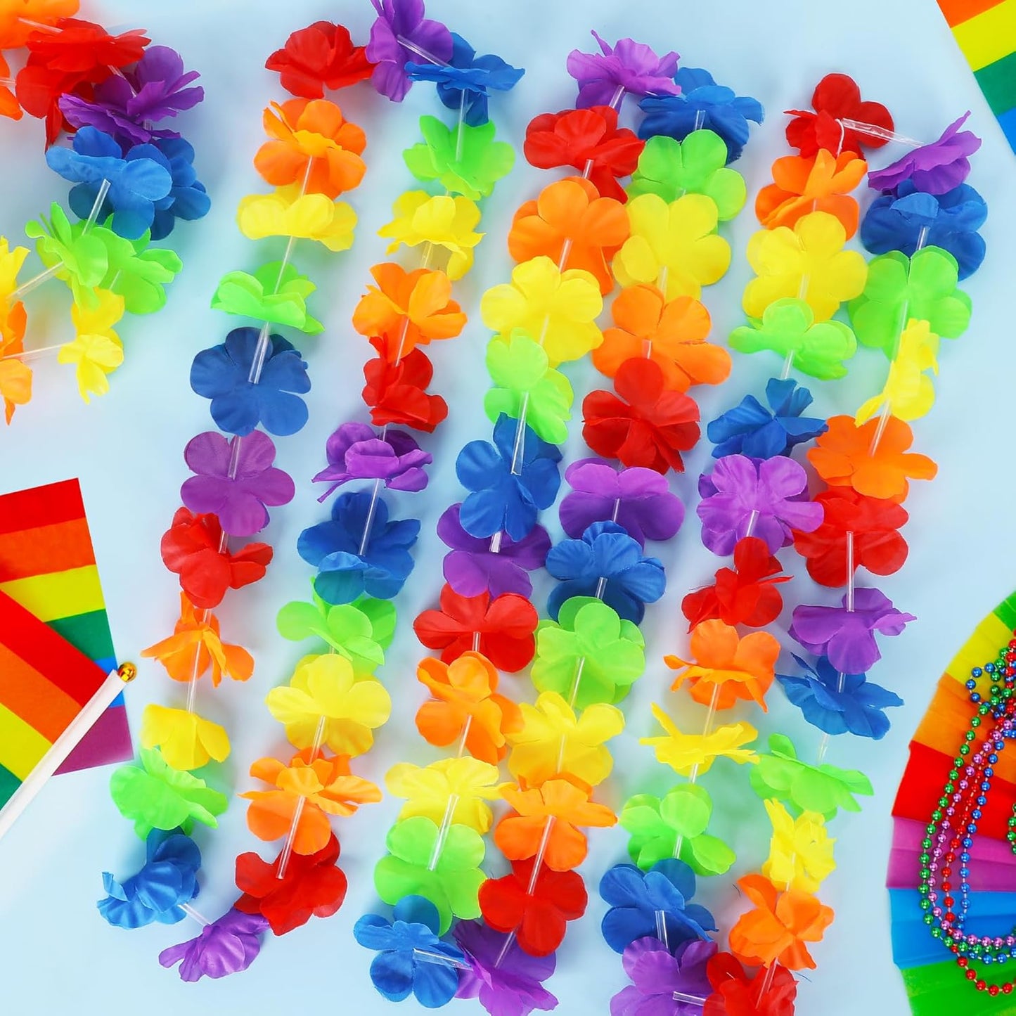 Hawaiian Leis Decorations, Luau Party Leis Bulk, Rainbow Hawaiian Pride Month Leis Accessories, Silk Flower Stuff Bulk, LGBT Gay Lesbian Lei for Parade Tropical Hawaiian Luau Party