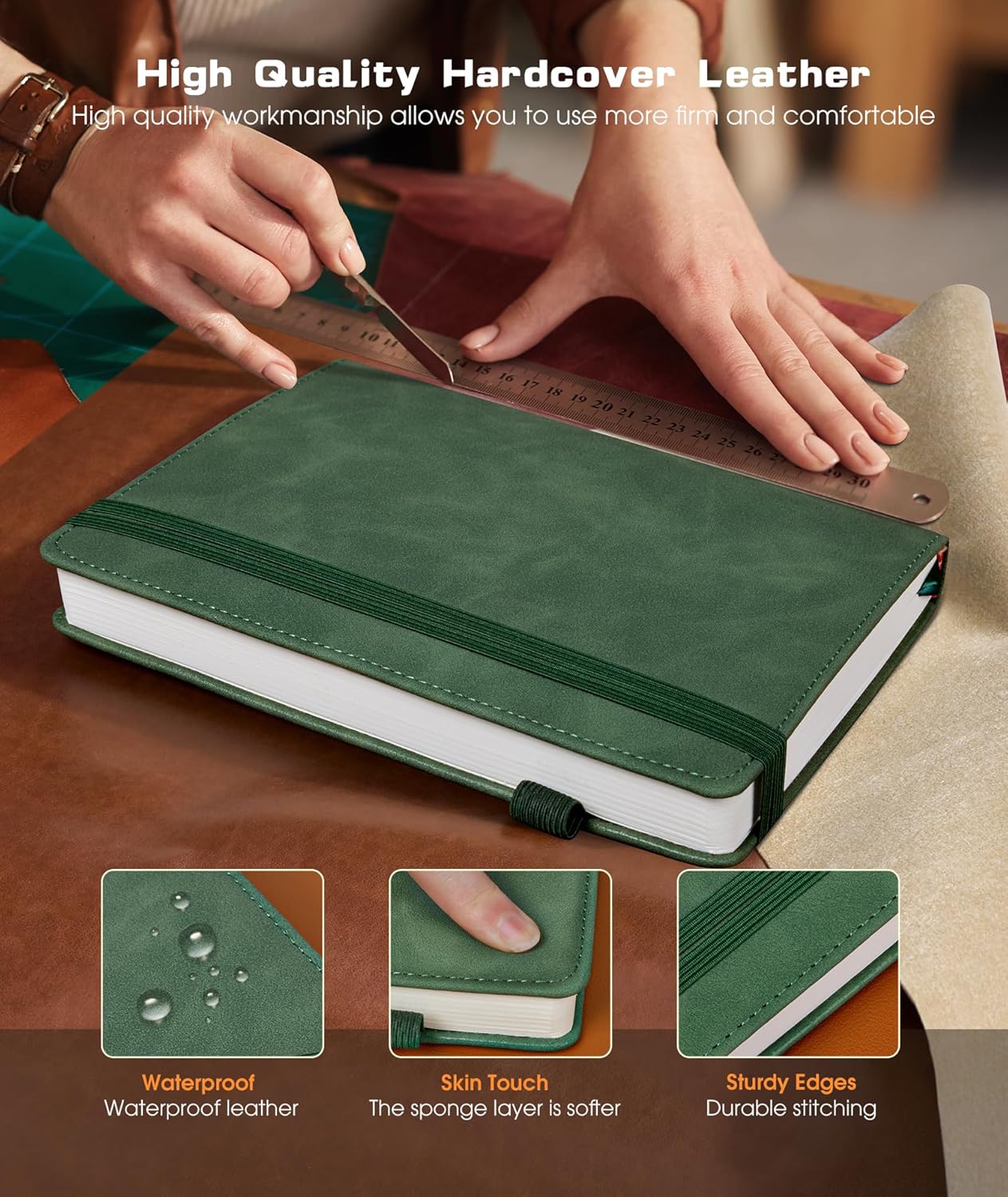 Lined Journal Notebook for Women Men, 256 Numbered Pages Hardcover Leather Journals for Writing, A5 Journaling Notebooks, College Ruled Journal for Business Work School 5.75" x 8.38" Green