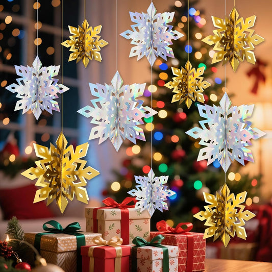 Benbilry 3D Hanging Snowflake Decorations for Christmas Tree, 36pcs 3 Size Winter Wonderland Decorations for Frozen Birthday Party, Christmas Home Decor - 18pcs Iridescent and 18pcs Gold Color