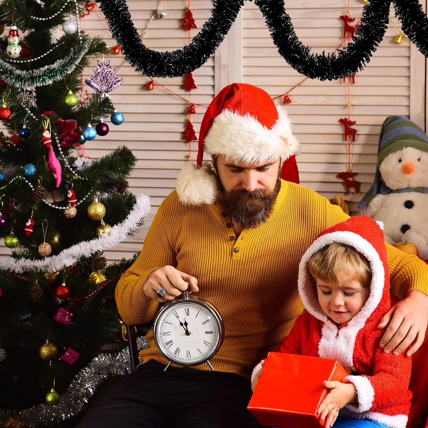 50 Feet Black Christmas Tinsel Garland, Metallic Foil Twist Garland Wall Hanging Tinsel Banner Backdrop for Parade Floats, Easter, Mother's Day, Wedding Party Decorations (2in x 50ft)