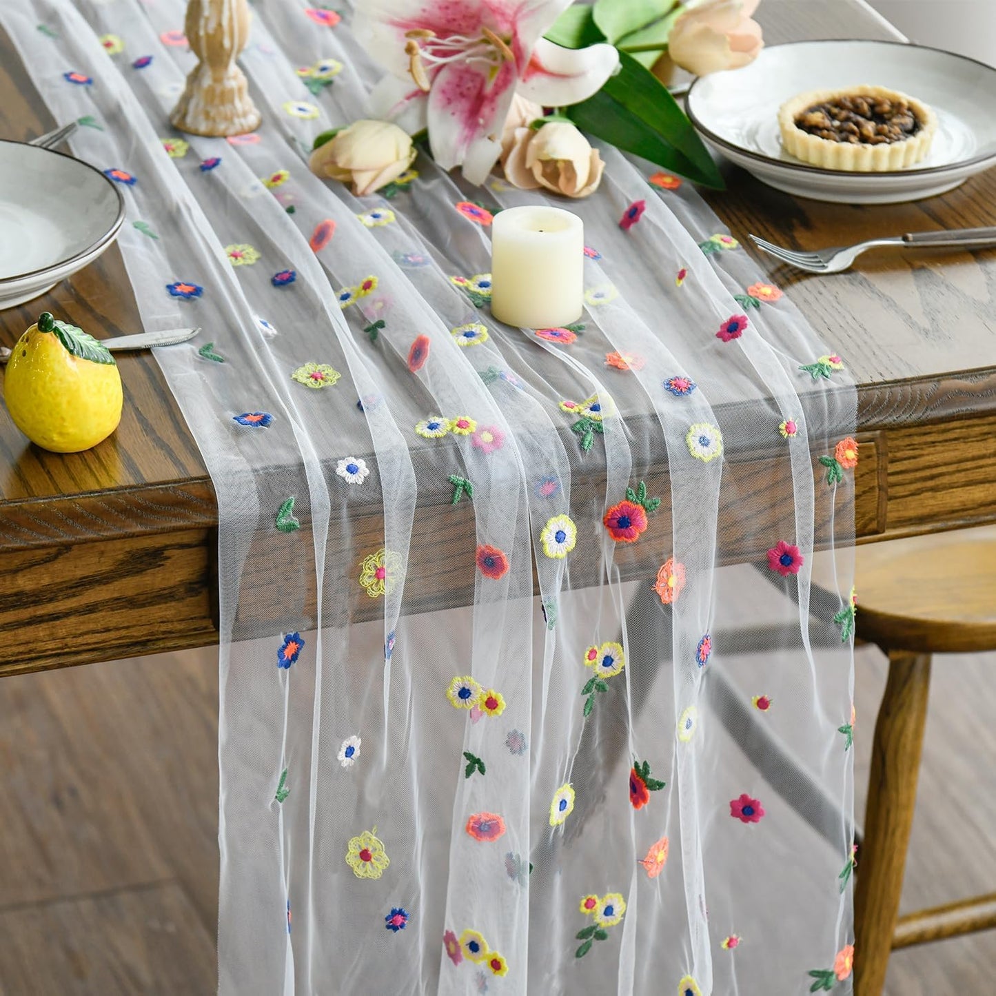 Artoid Mode Embroidery Daisy Gauze Table Runner 120 Inch 10FT, Seasonal Sheer Kitchen Dining Holiday Wedding Birthday Table Decor for Home Party