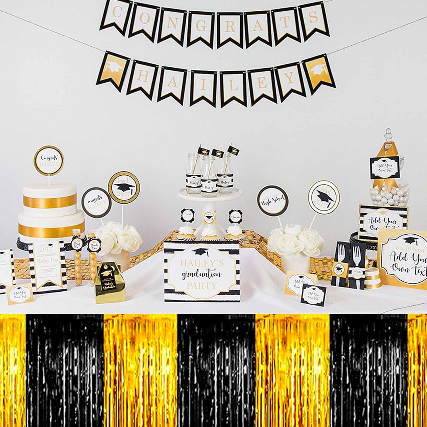 3 Pack 29 x108 Inch Black and Gold Foil Fringe Table Skirts Metallic Banner for Tinsel Streamer Garland Backdrop for Parade Floats Mother's Day, Graduate, Birthday, Wedding Party Decoration