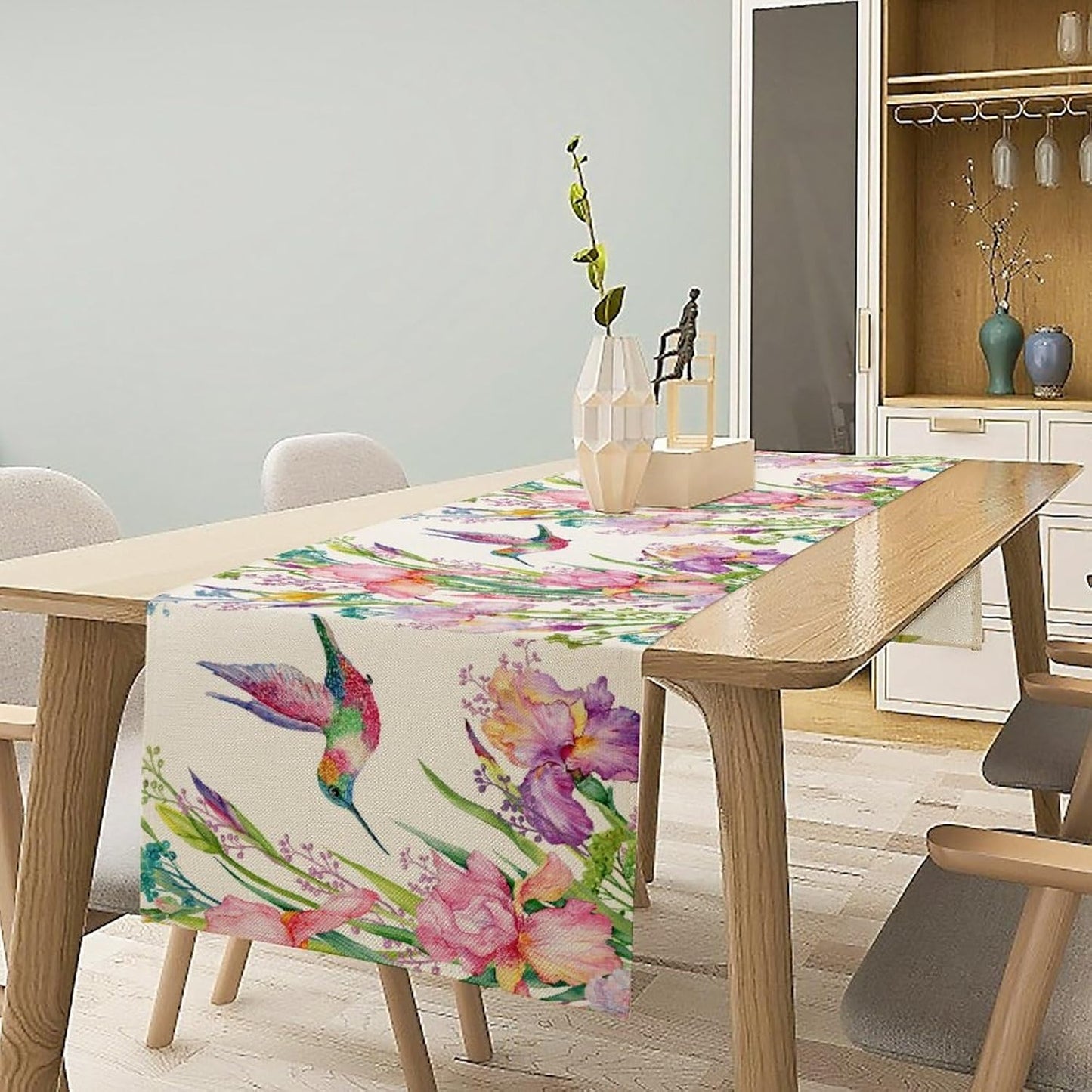 Hummingbird Table Runner,Pink Floral Country Style Table Runner for Kitchen Dining Table Home Party Decoration 13x108 Inch