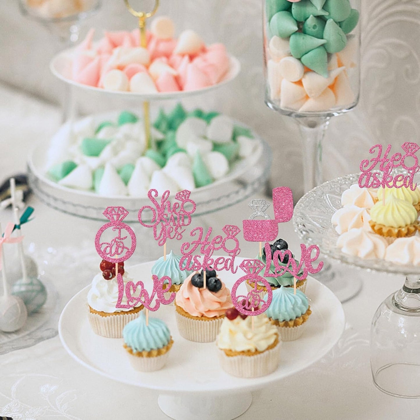 30 PCS He Asked She Said Yes Cupcake Toppers Diamond Ring Cupcake Picks Love I Do Cake Picks for Wedding Enaggement Bridal Shower Party Cake Decorations Supplies Pink