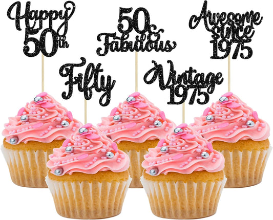 30Pcs Happy 50th Birthday Cupcake Toppers Glitter Fifty Vintage 1975 Cupcake Picks Cheers to 50 Fabulous Cake Decorations for 50th Birthday Wedding Anniversary Party Supplies Black