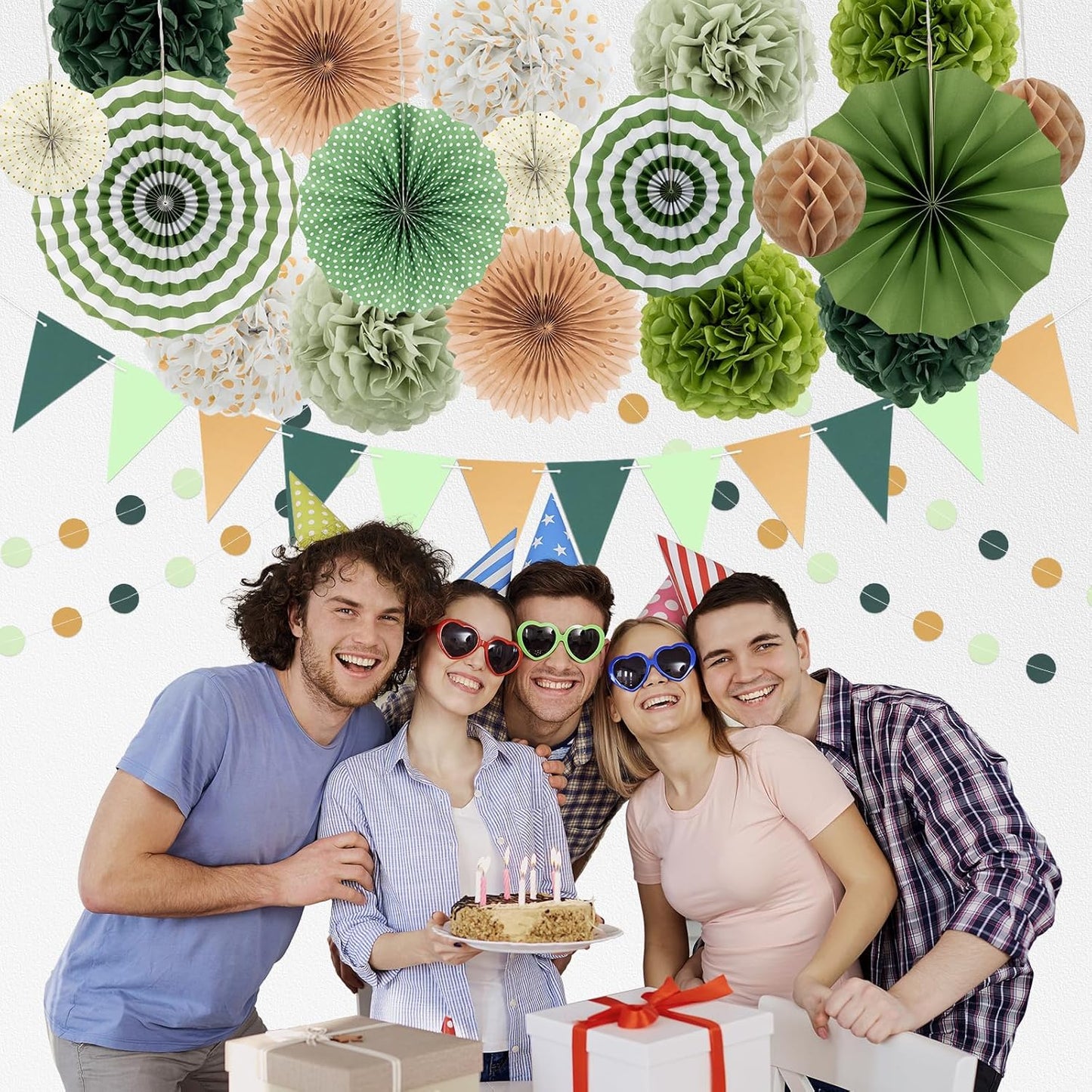 Green Party Decorations - 23Pcs Hanging Paper Fans,Pom Poms Flowers,Garland String Polka Dot and Triangle Bunting Flag Packs for Girls Women Birthday Party Baby Shower Wedding Shower Decor