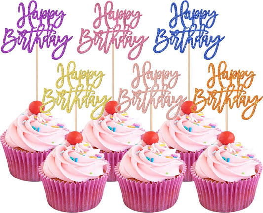 24 PCS Happy Birthday Cupcake Toppers - Multi 6 Colors Glitter Picks for Celebrating Anniversary Theme Party Cake Decorations Supplies