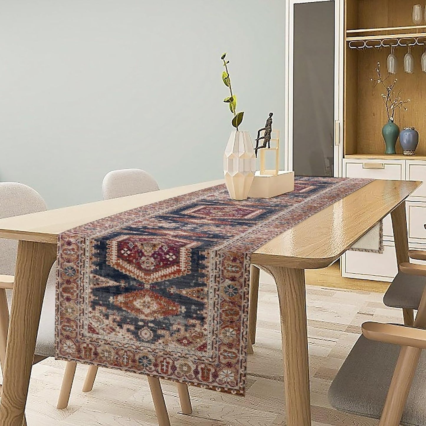 Vintage Boho Table Runner,Flower Geometric Design Rustic Farmhouse Table Runner for Home Farmhouse Kitchen Table Dining Coffee Room Garden Party Wedding Decor 13x108in