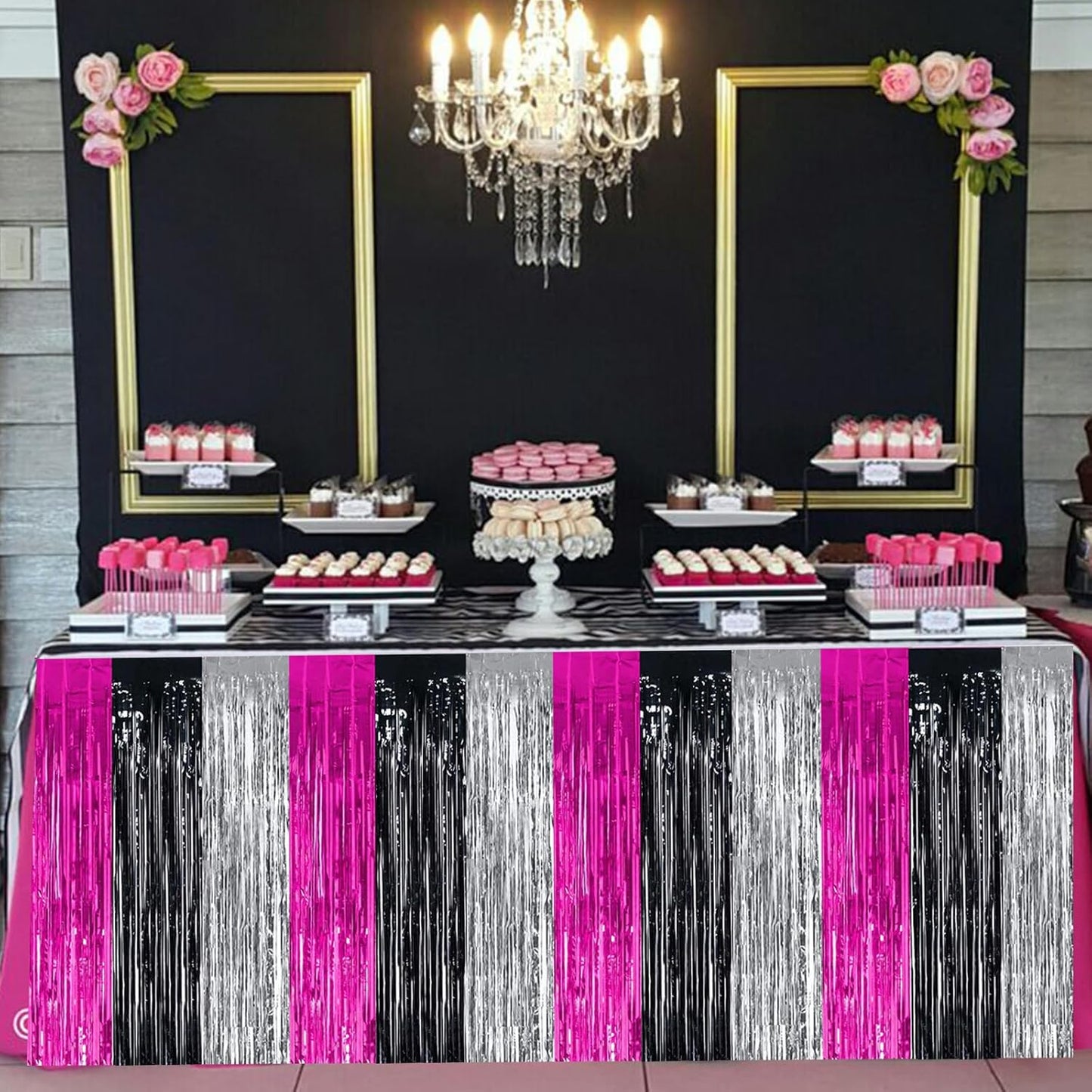BEISHIDA 2 Pack Hot Pink Black Silver Table Skirts Party Decorations Metallic Tinsel Foil Fringe Table Skirts for Hot Girls Mouse Theme Birthday Holiday Party