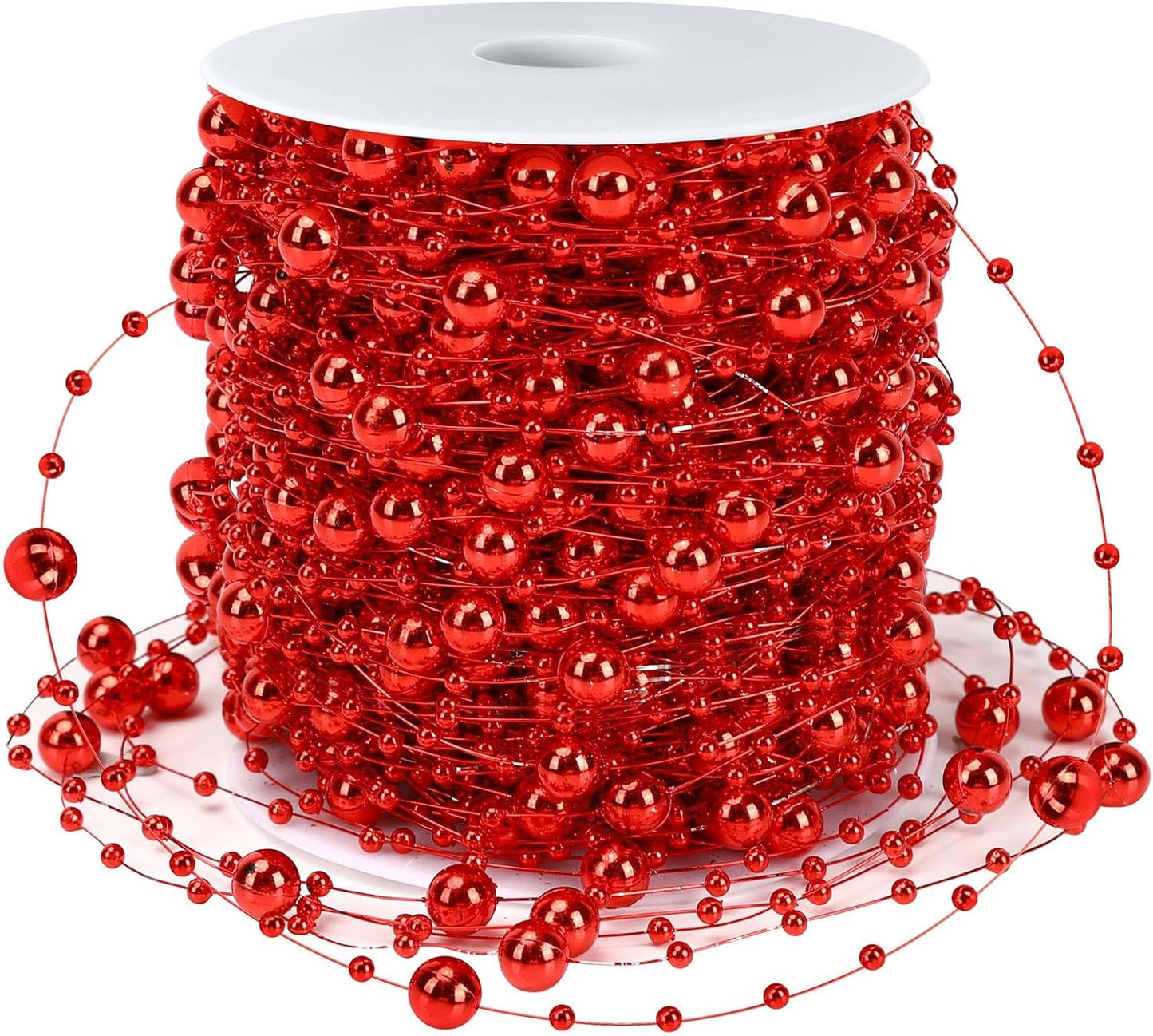 JULBEAR Beads Garland Decoration, 1Rolls 131Feet Red Christmas Pearl Strands Chain Bead Garland for Christmas Tree Fireplace Wreath Gift Bouquet Crafts Wrapping Wedding Party Centerpieces Decoration