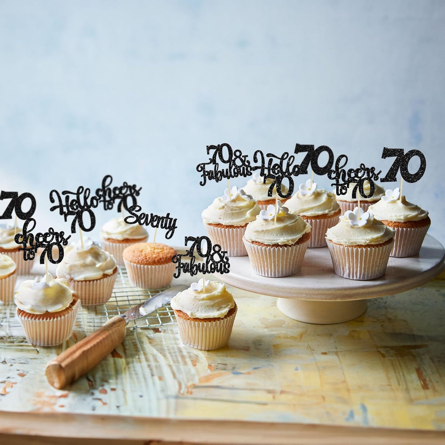 30Pcs Happy 70th Birthday Cupcake Toppers Seventy Cheers to 70 Years Old Birthday Cupcake Picks for 70th Birthday Anniversary Party Cake Decorations Supplies Black Glitter
