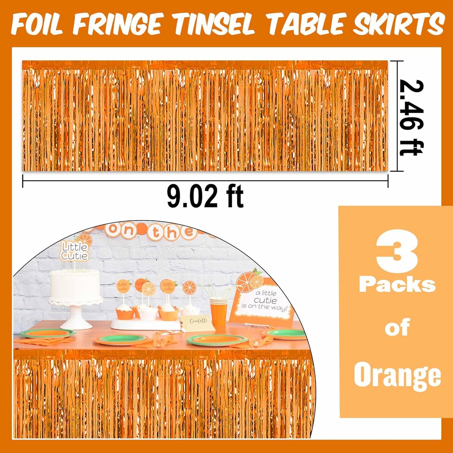 3 Pack Orange Foil Fringe Table Skirts Metallic Tinsel Streamers Garland Banner Backdrop for Table Decor, Parade Float, Birthday, Wedding, Halloween, Christmas Party Decorations(29x108 In)