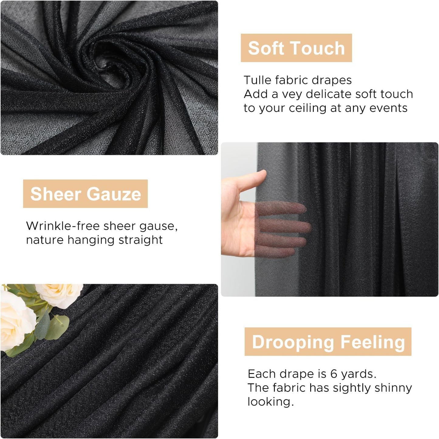 Wokceer Black Wedding Arch Draping Fabric Backdrop 4 Panels 28.7" X 20FT Sheer Drapes Fabric for Wedding Arbor Ceremony Party