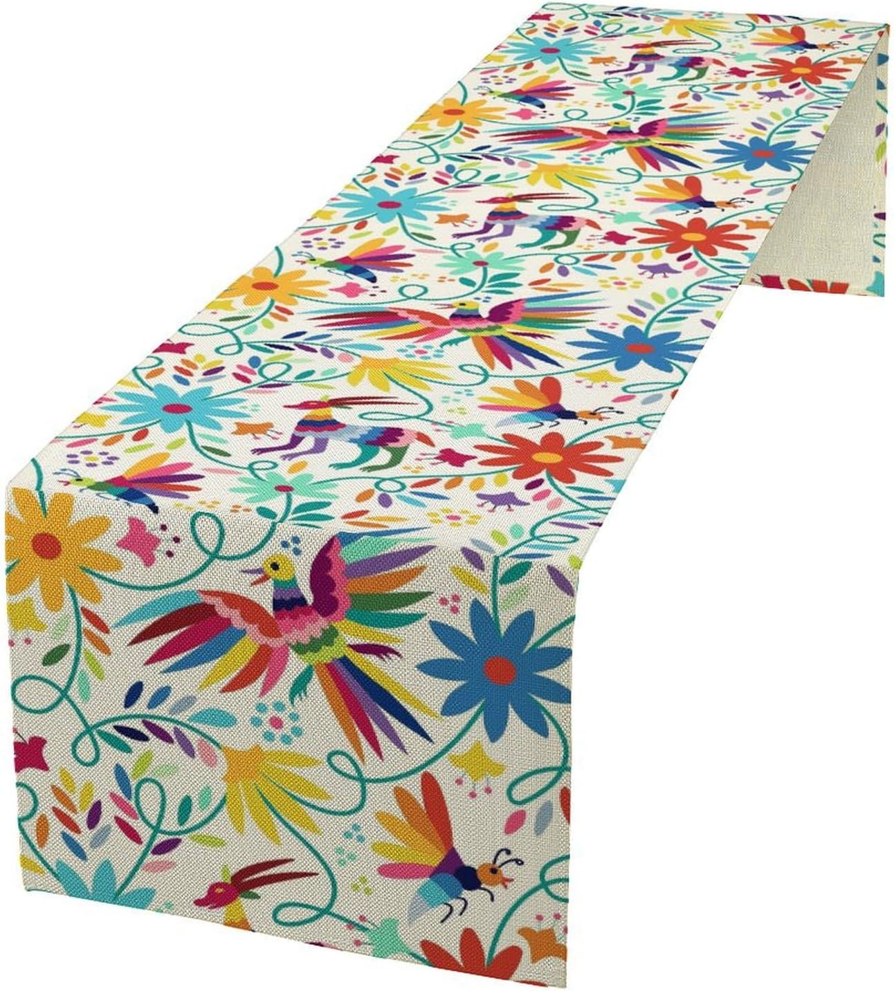 Mexican Table Runner,Boho Colorful Nature Inspired Flowers and Birds Table Cloth Kitchen Dining Table Home Party Decoration 13x108 Inch