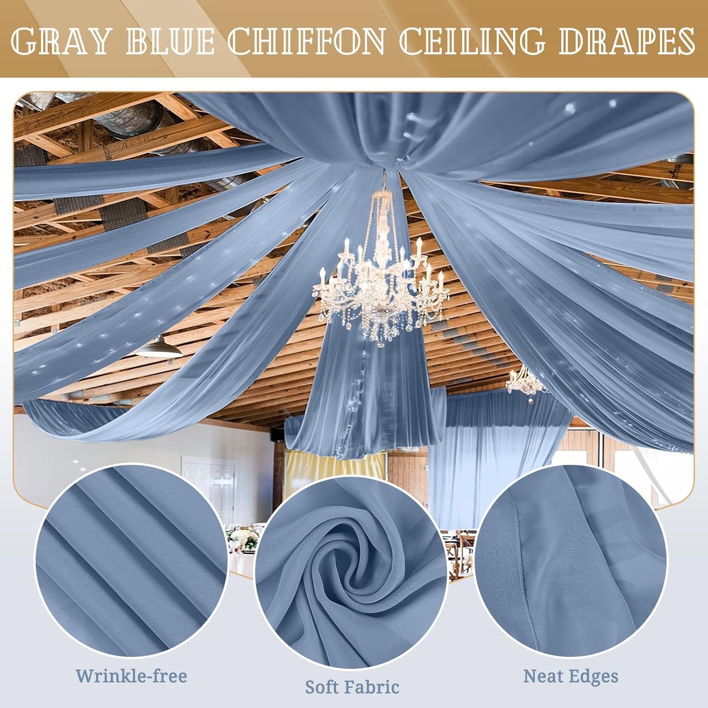 6 Panels Dusty Blue Ceiling Drapes for Wedding 5ftx10ft Chiffon Fabric Arch Draping Curtains Sheer Drapery for Party Ceremony Birthday Baby Shower Reception Stage Swag Ceiling Decorations