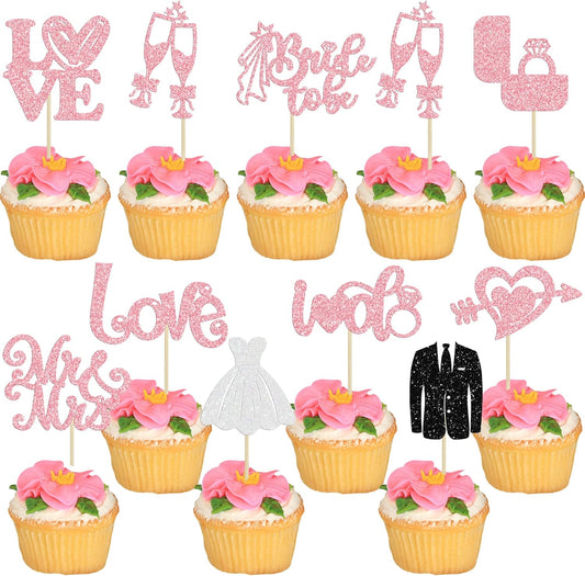 Ephlyn 30Pcs Bride to be Cupcake Toppers Glitter Wedding Cake Topper Decorations I Do Love Heart Ring Cupcake Picks for Bridal Shower Wedding Engagement Party Supplies Pink