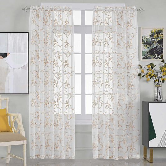 Sheer Curtains White-Beige 95 Inch Length, Boho Farmhouse Curtains for Bedroom Rod Pocket Vintage Farmhouse Drapes with Scroll Floral Patterned for Living Room, 84 Inch Curtains 2 Panel set, 52"x 95".