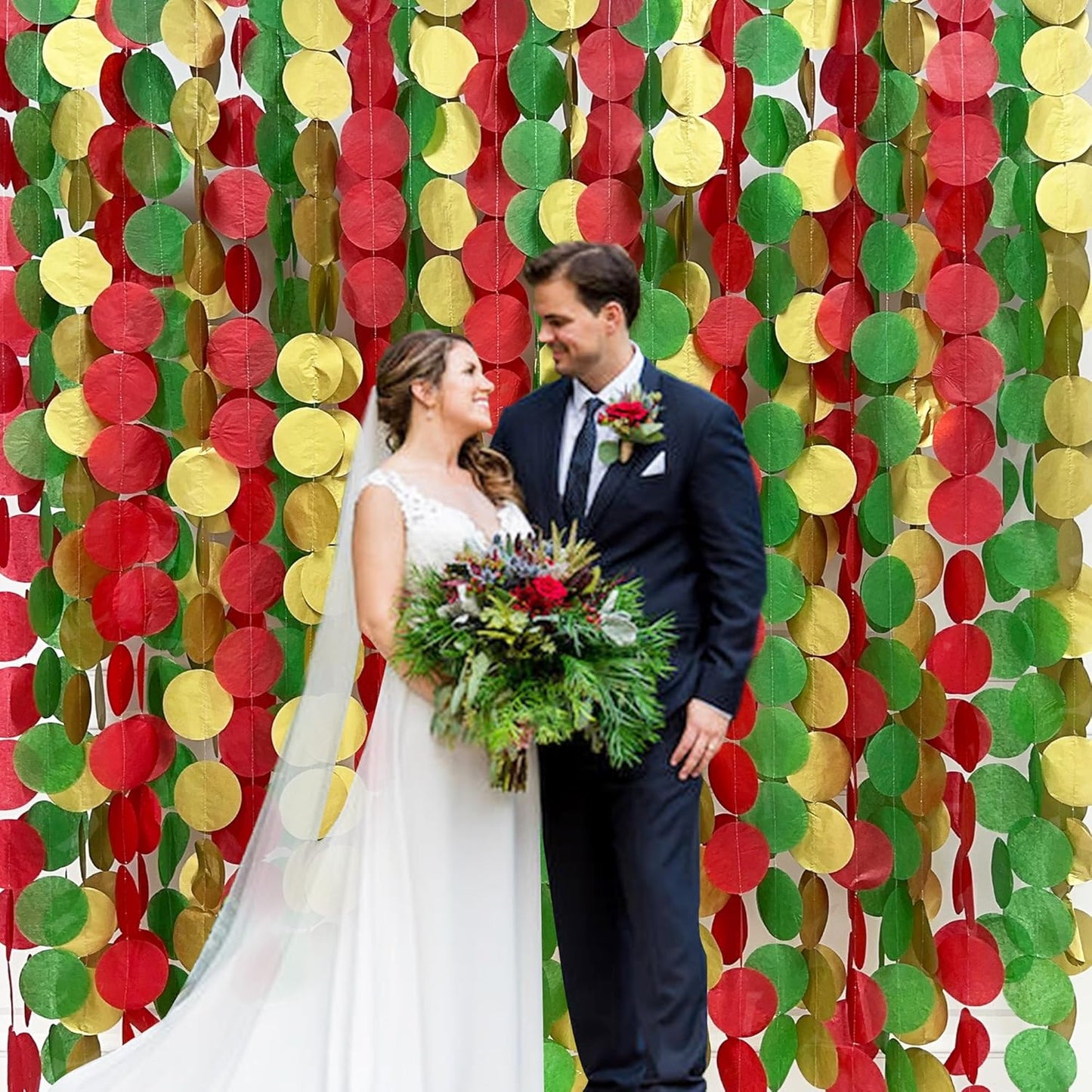 192Ft Christmas Party Decorations Red Green Metallic Gold Tissue Paper Big Polka Dots Backdrop Streamer Circle Dots Hanging Garland for Xmas Holiday Birthday Baby Shower Wedding Hen Party Supplies