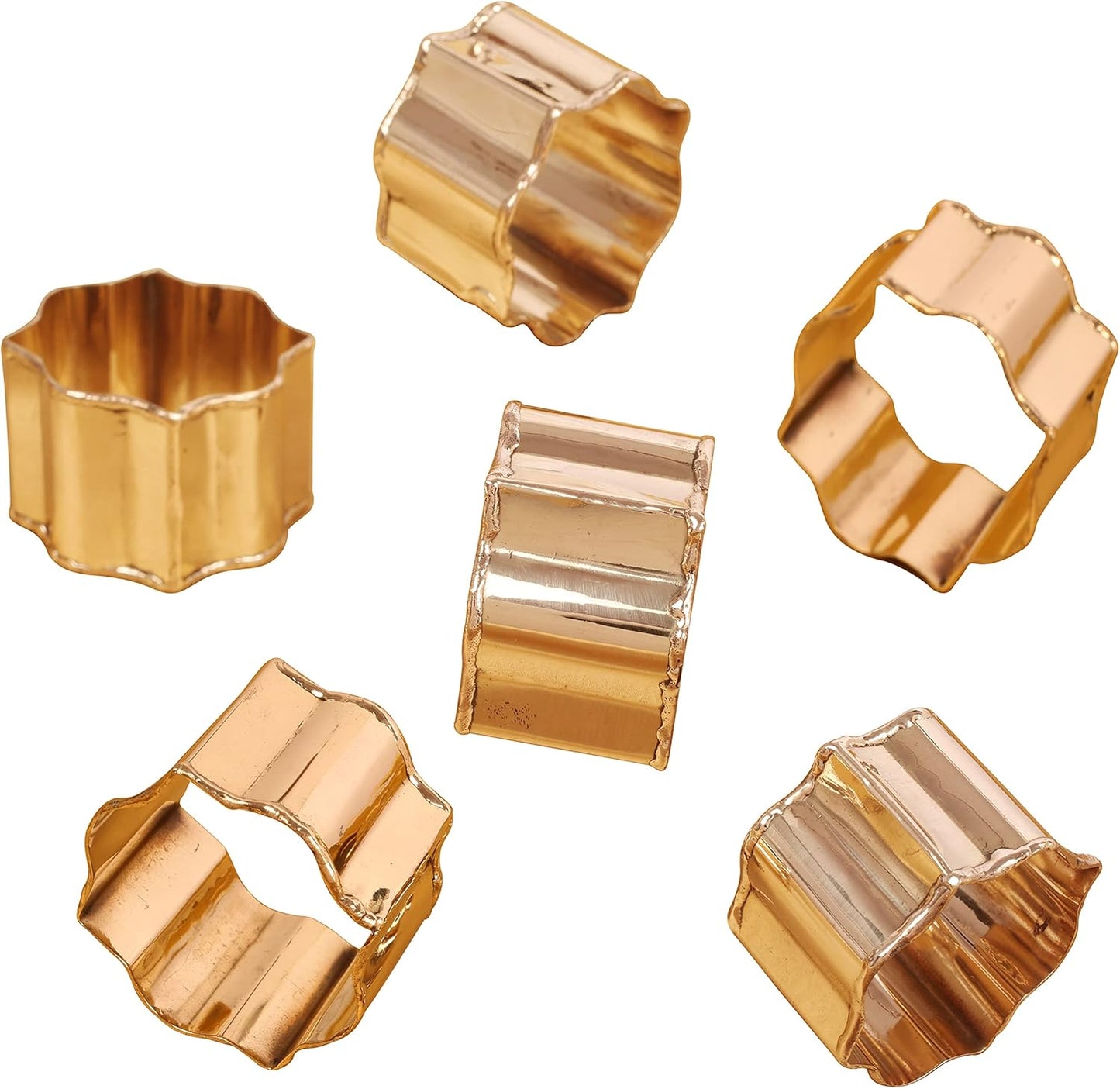 Finely Handcrafted Brass Base Beautiful Faceted Pattern Large Size Party Dining Table Napkin Holders in Gold Tone. (Set of 6).