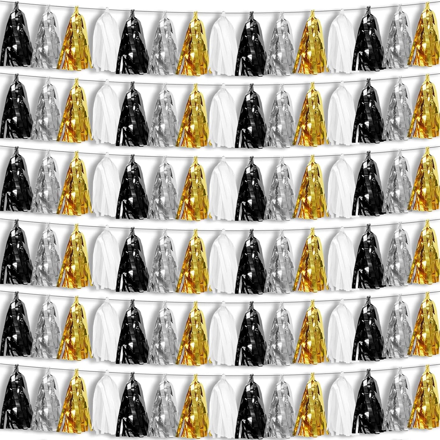 6P Black Gold Silver Foil Fringe Metallic Tassel Garland, Tassels Banner Streamers for Parade Floats, Bachelorette, Wedding, Birthday, Graduation, Christmas, Bridal/Baby Shower Party Decorations