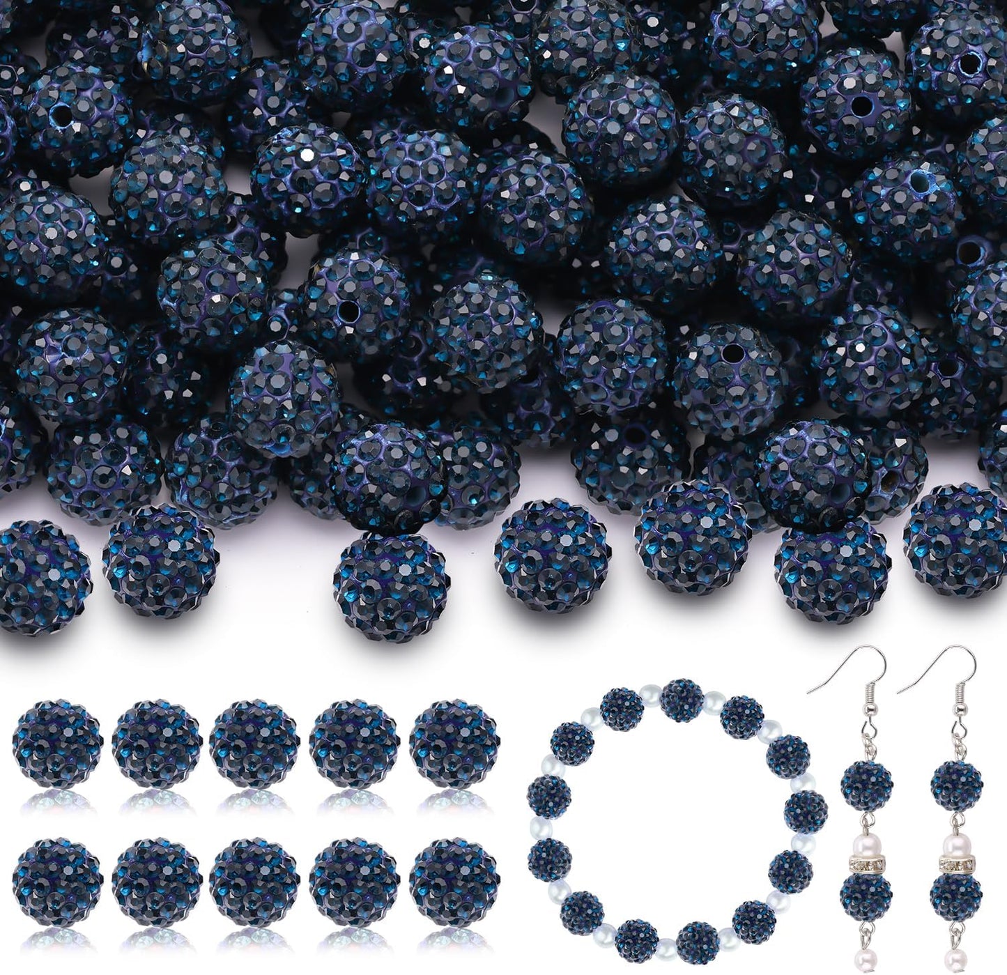 105pcs 10mm Rhinestone Beads for Jewelry Making, Blue Black Shiny Round Disco Ball Beads Bulk, Sparkle Crystal Clay Christmas for Bracelet Baseball Necklace Earring Crafting and DIY