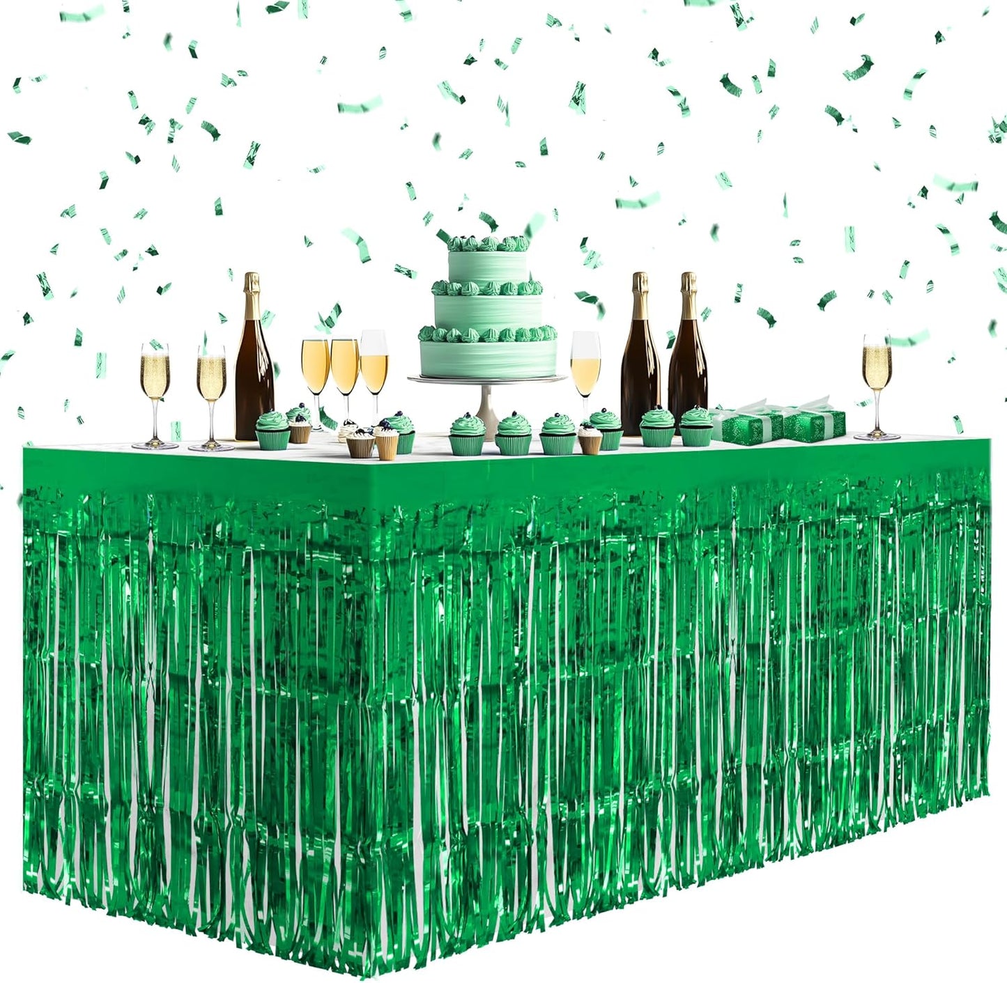 2 Pack Green Table Skirts, 29x108" Metallic Foil Tinsel Fringe Table Skirts for Rectangle Tables Streamer Curtains Backdrop, Party Decorations for Birthdays Weddings Holidays