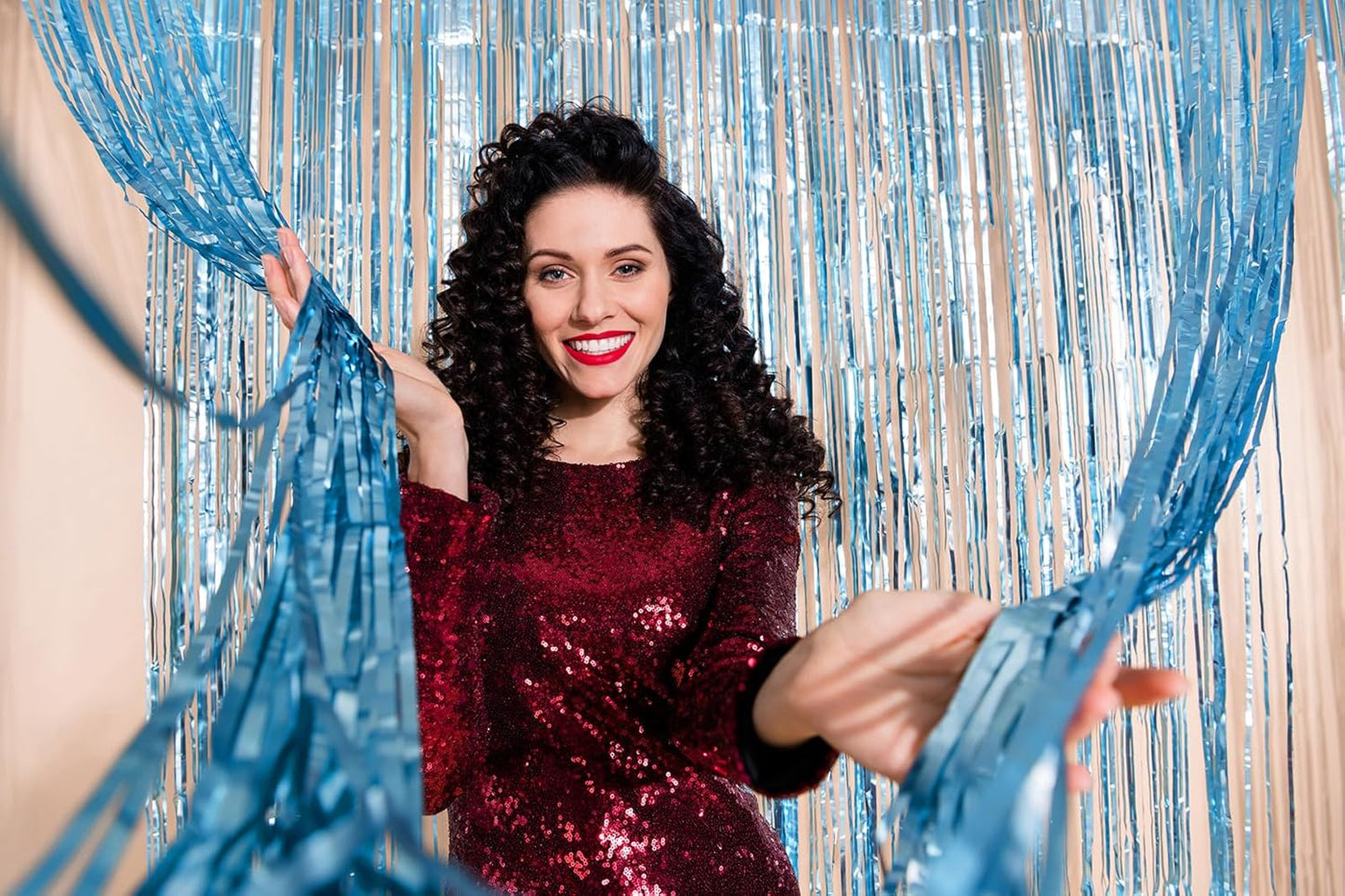 Light Blue Foil Fringe Curtains Party Decorations, Melsan 3.2 x 8 ft Foil Curtains Tinsel Backdrop for Ocean, Baby Shark, Frozen Theme Birthday Decorations - Pack of 2