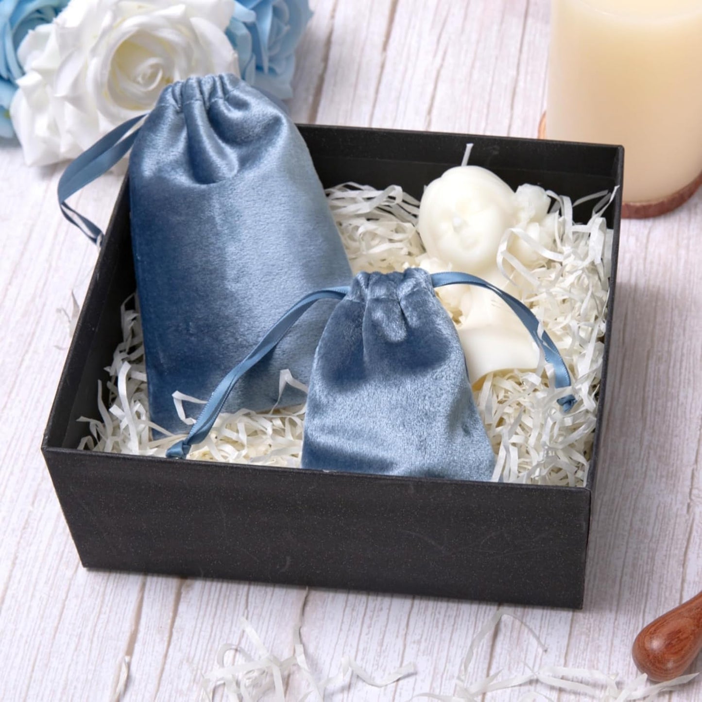 QIANF 12pcs Dusty Blue Velvet Drawstring Bags 3x4 inches Glossy Small Velvet Cloth Gift Bags Jewelry Pouches for Storage Wedding Party Favor Christmas