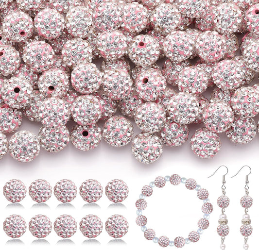 160pcs 10mm Rhinestone Beads for Jewelry Making, Pink White Shiny Round Disco Ball Beads Bulk, Sparkle Crystal Clay Christmas for Bracelet Baseball Necklace Earring Crafting and DIY