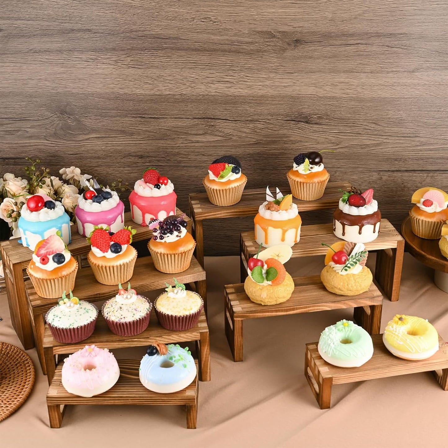 8 Pcs Wood Risers Display Stands, 2 Set Wooden Risers for Table Display, 4 Tier Rectangular Riser Display Stand Wooden for Cupcake, Desserts, Perfume, Collections, Jewelry Showcase