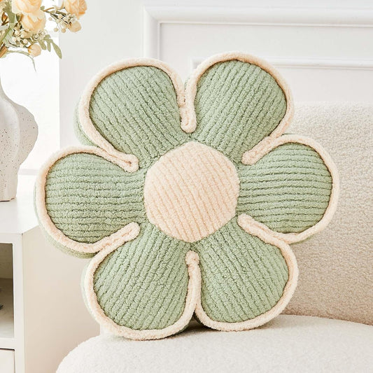 Flower Pillow, Soft Flower Decorative Throw Pillow, Cute Daisy Flower Shaped Seating Floor Cushion Room Décor Plush Pillows for Sofa Couch Bed (17.7 Inch, Sage Green)