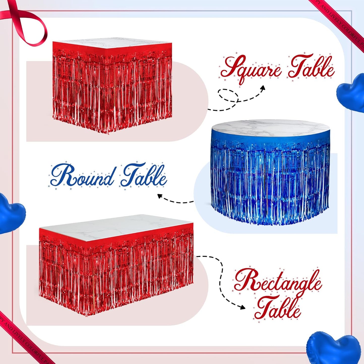 2 Pack Red Dark Blue Table Skirts, 29x108" Metallic Foil Tinsel Fringe Table Skirt for Rectangle Tables Streamer Curtains Backdrop, Party Decorations for Birthdays, Weddings, Holidays