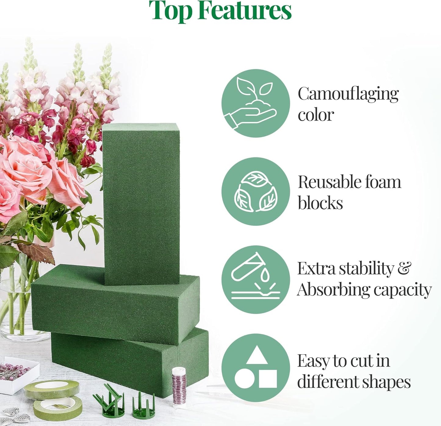 Noe & Malu 8 Pcs Floral Foam Blocks (Larger Size 9" X 4" X 3" Each) Florist Flower Foam Green Bricks Applied Dry or Wet Flower Foam Bricks Arrangement Supplies for Artificial or Fresh Flowers