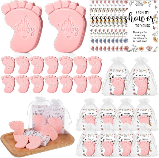 50 Sets Baby Shower Soap Favors for Guests - Mini Handmade Footprint Scented Soap with Thank You Cards and Organza Bag, Party Gifts for Gender Reveal Baptism Shower(Pink)
