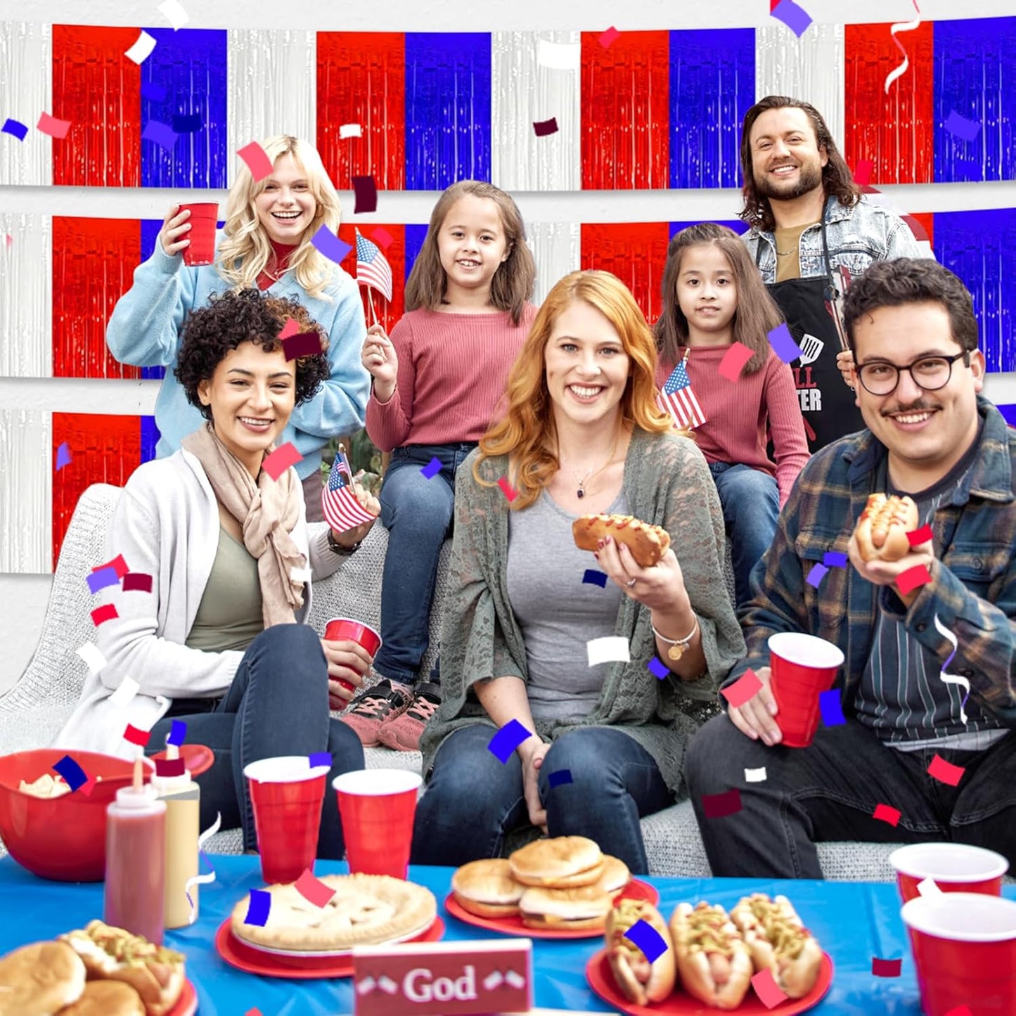 6 Pack 10 Feet White Blue Red Foil Fringe Garland Metallic Tinsel Streamers Banner Wall Hanging Curtain Backdrop for Parade Floats, Birthday, Graduate, Mother's Day, Wedding Party Decoration