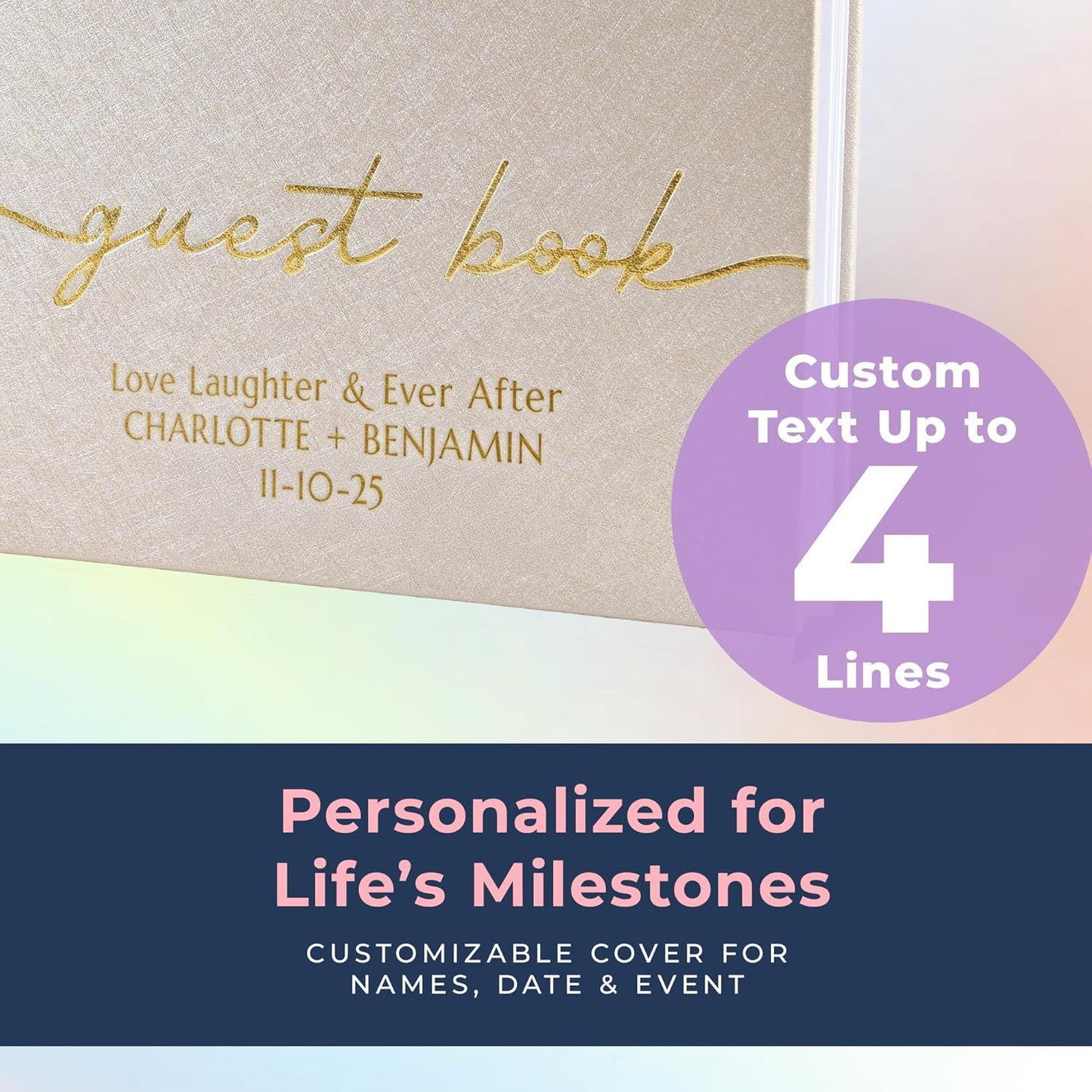 Promot Personalized Guestbook for Party (Champaigne Beige) - 110 Lined Pages in Wood-Free Vegan Leather Hard Cover - Wedding Guest Book Sign in and Photos, Baby Shower, Birthday or Graduation