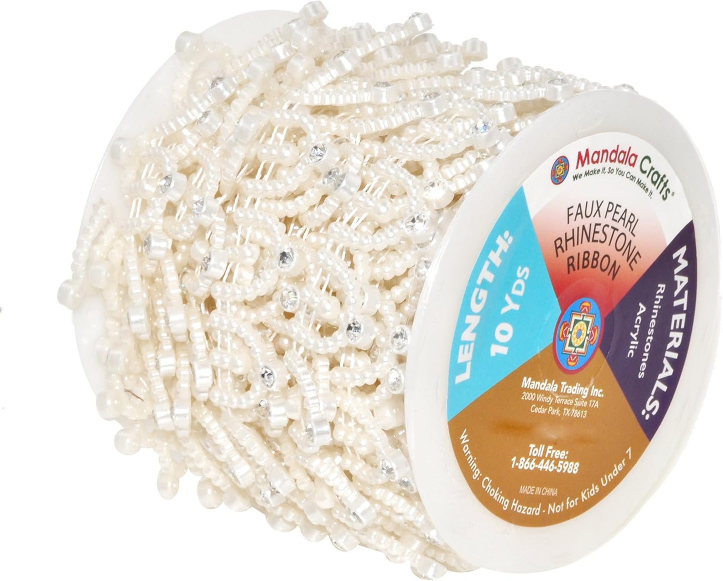 Mandala Crafts 0.75 Inch Crystal Faux White Pearl Beads Roll - 10 Yards Strand of Rhinestones Fake Pearls Chain Garlands Spool String for Christmas Tree, Wedding, Party, Vases, DIY Decoration