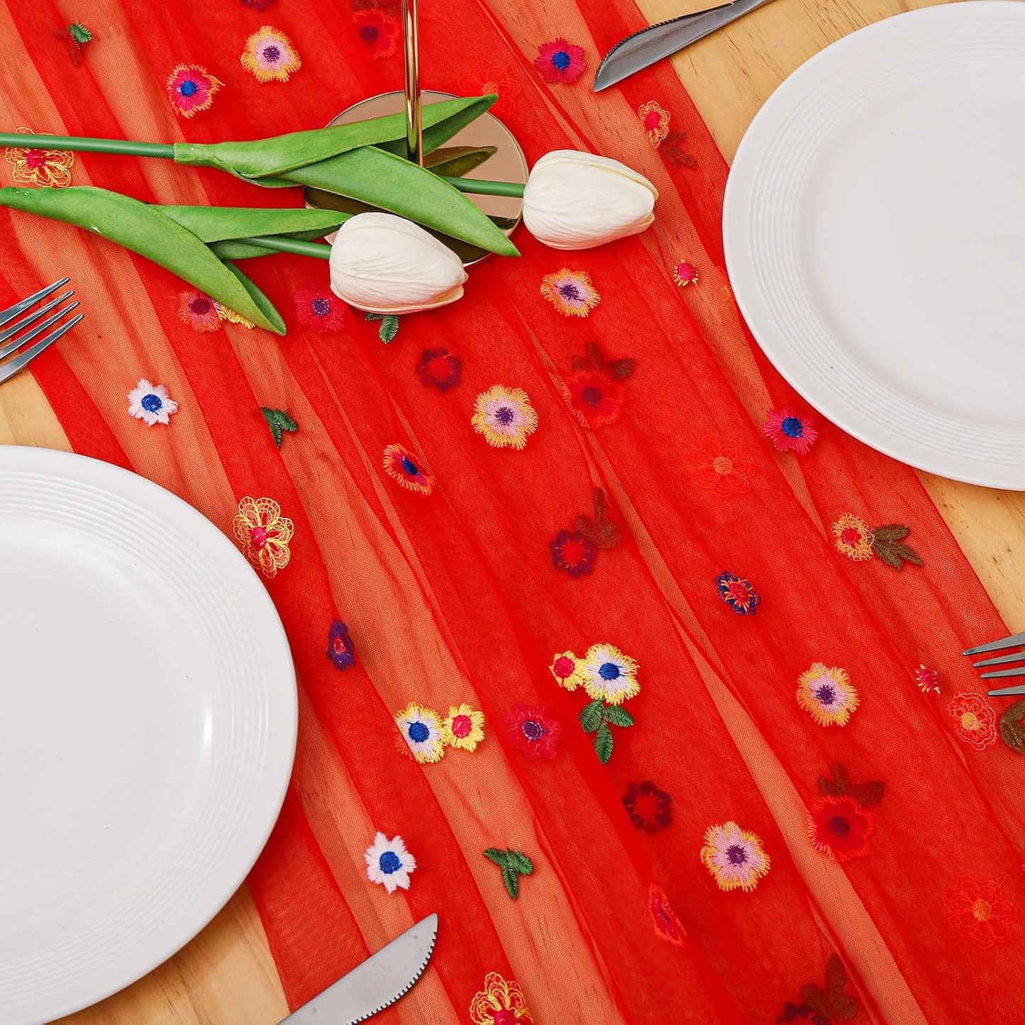 BINBE 3pcs Daisy Fall Table Runner Embroidery Gauze 10FT Florals Seasonal Tulle Holiday Birthday Kitchen Dining Table Decor for Home Party Red